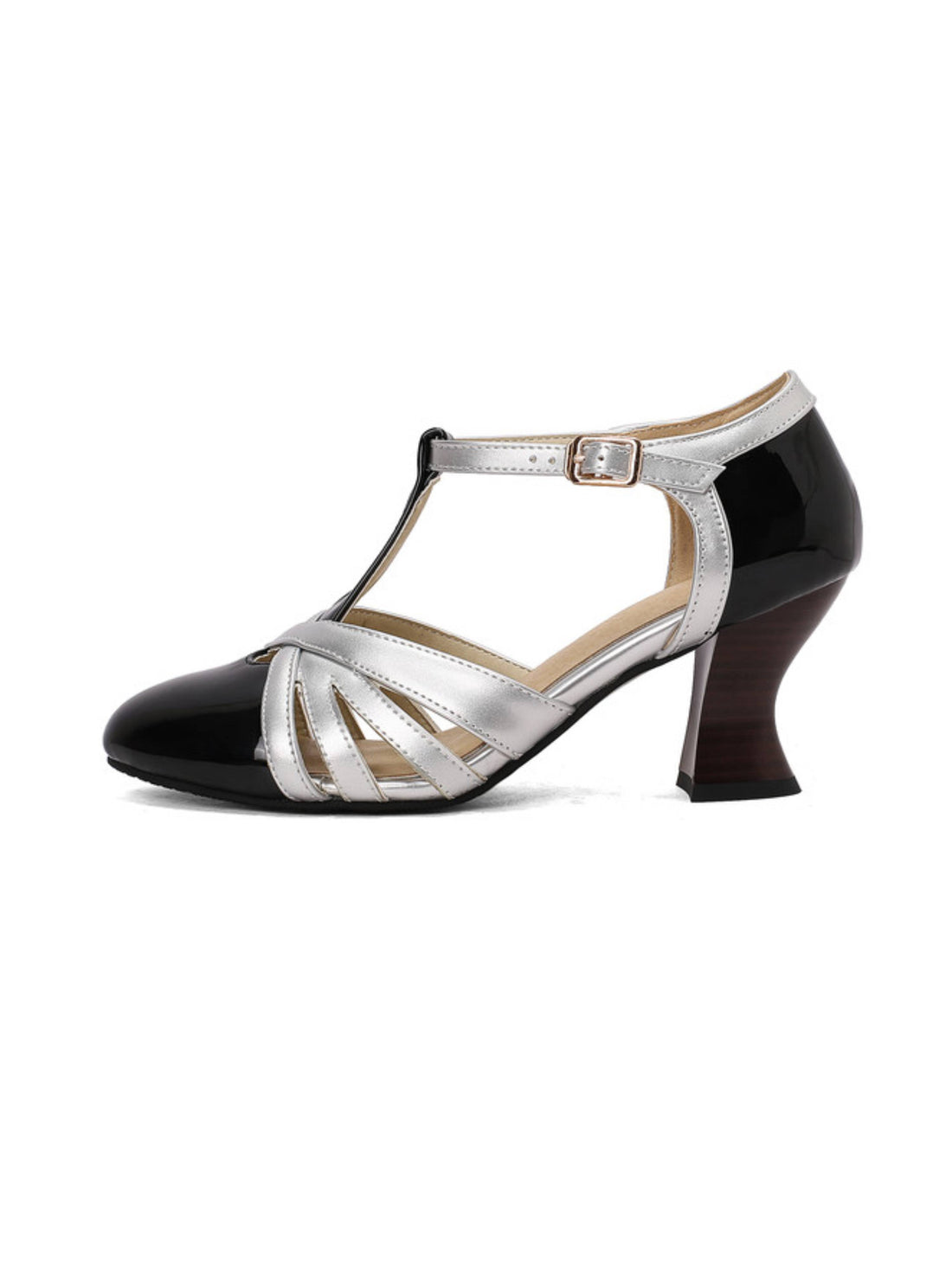 Shiny Black and Silver Flared Low Heel Sandals for Women