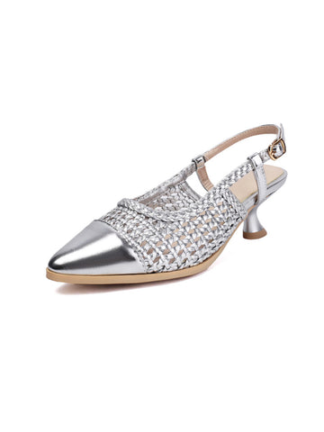 Metallic Silver Woven Woman Sandals with Elegant Flared Heel