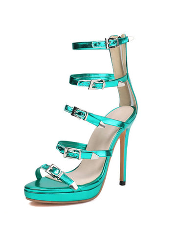 Green Strappy Stilettos Buckle Sandals for Women