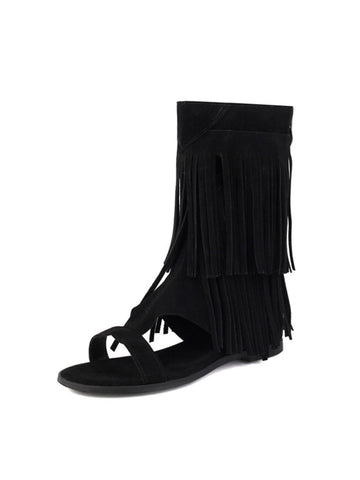 Black Fringe Open-Toe Gladiator Sandals for Women