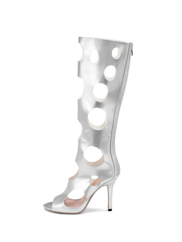 Modern Edge Circle Cut-Out Stiletto Heel Silver Sandals for Women