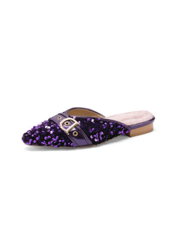 Purple Luxe Sequin Mules Flat Sandals for Women
