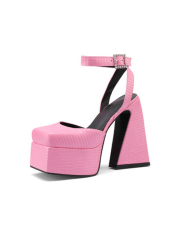 Pink Textured Platform Chunky Heeled Sandals for Women