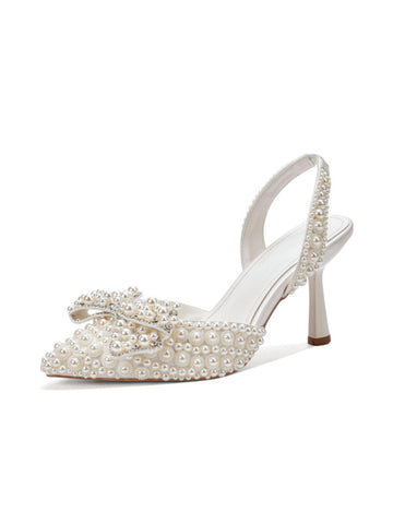 Pointed Toe Satin Heels Women White Pearl Sandals with Bow