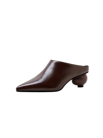 Glossy Brown Mules with Sculptural Wooden Heel Women's Sandals