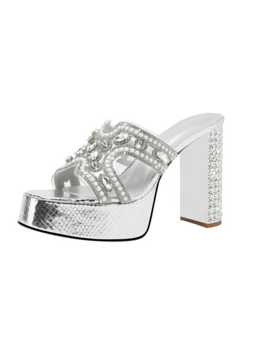 Pearl Accents Block Heel Platform Silver Sandals for Women