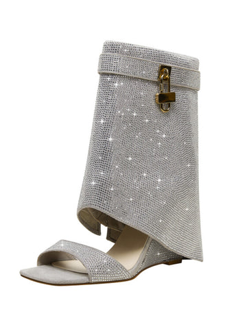 Rhinestone Inlay Ankle Cover Silver Wedges Sandals for Women