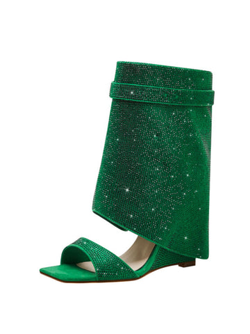 Green Rhinestone Ankle Cover Wedge Square Toe Sandals for Women