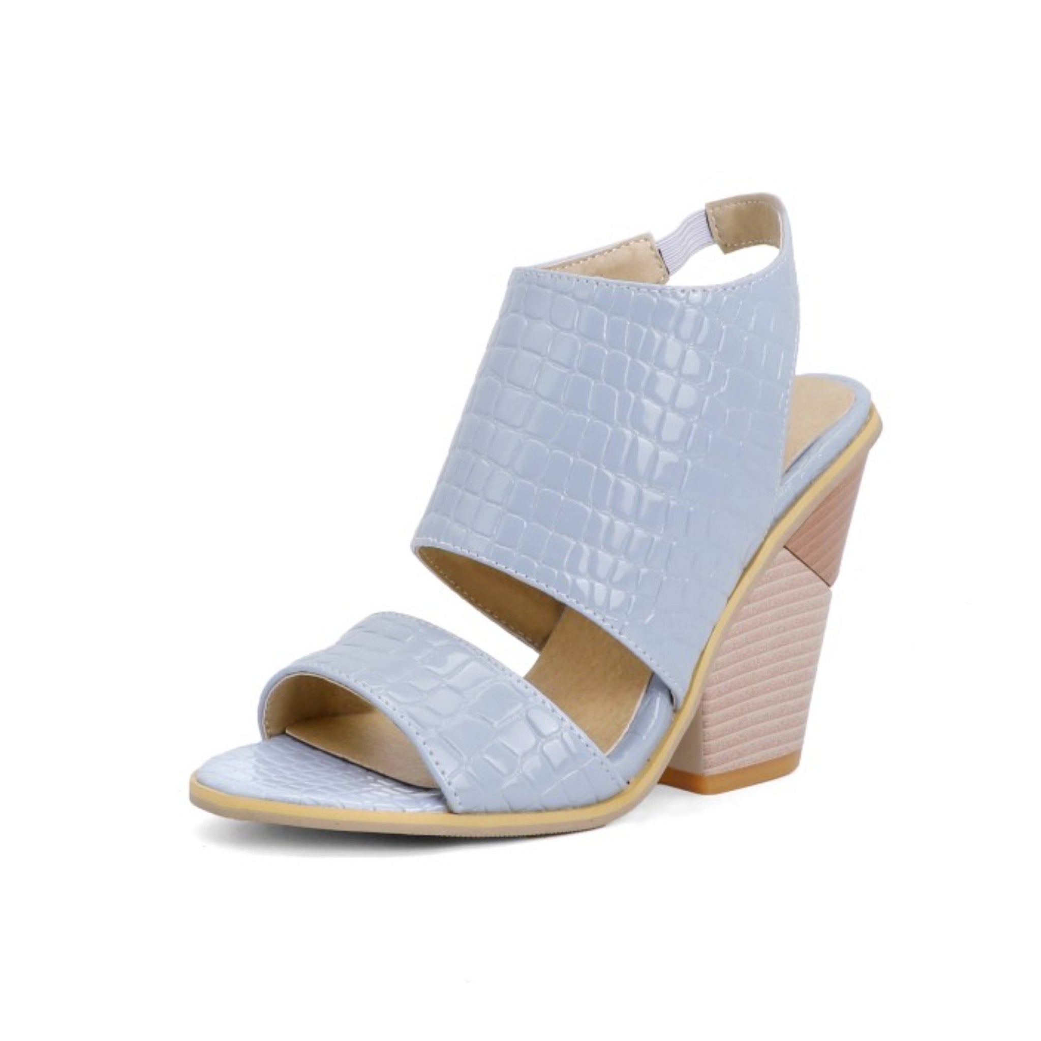 Fashionable Light Blue Crocodile Pattern Block Heel Women‘s Sandals