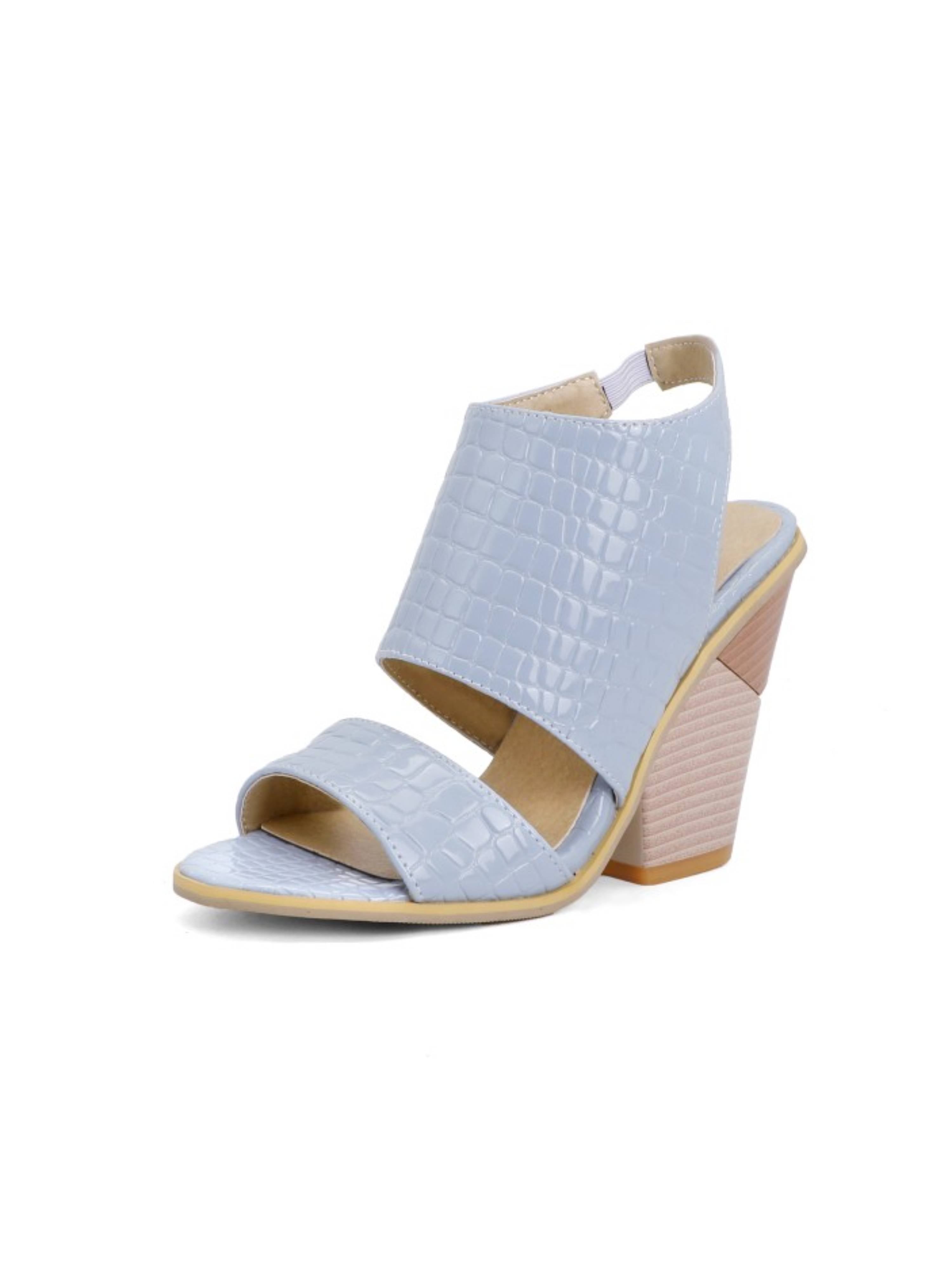 Fashionable Light Blue Crocodile Pattern Block Heel Women‘s Sandals
