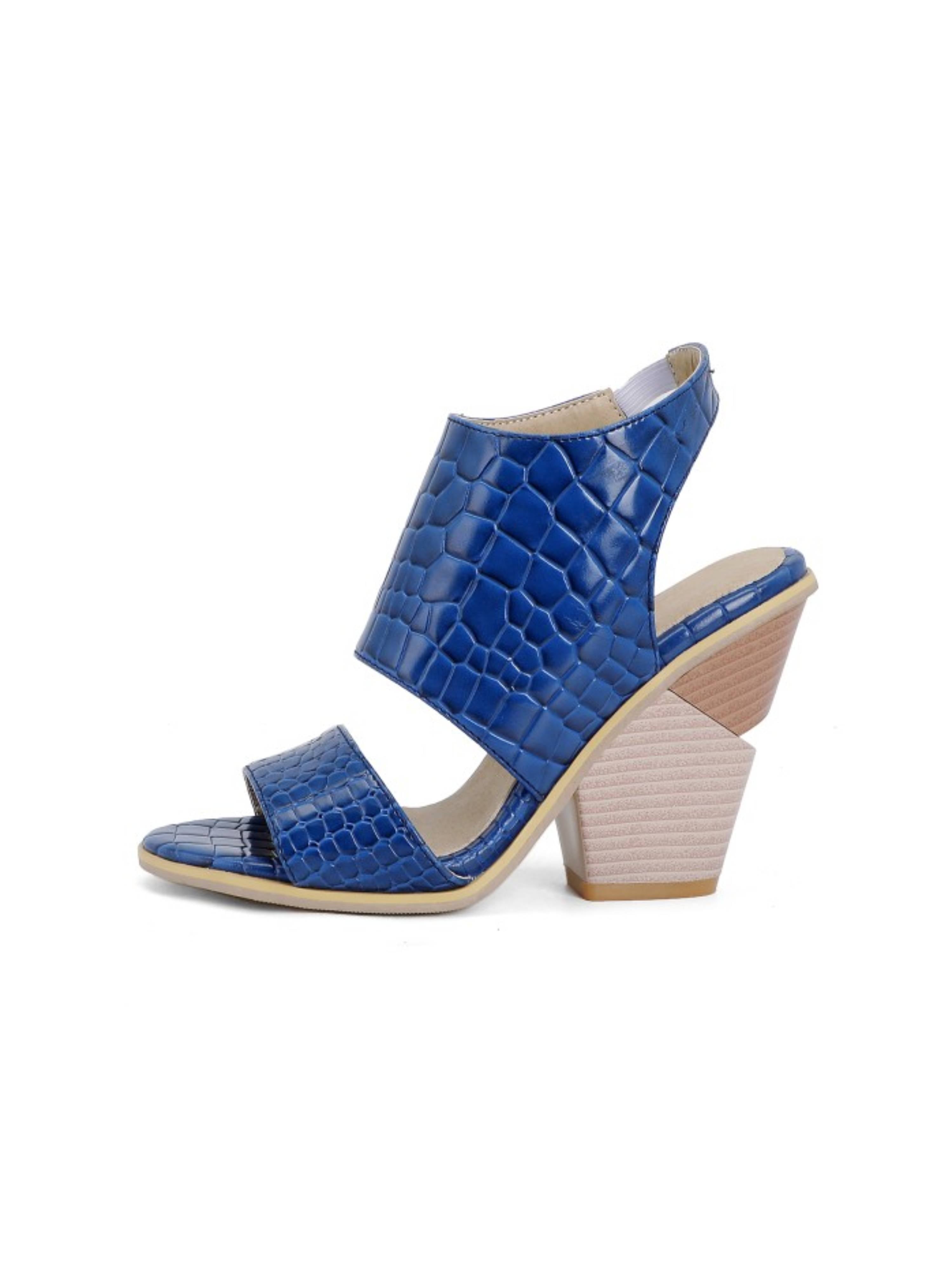 Elegant Blue Croc Texture Almond-Toe Block Heels Sandals for Women
