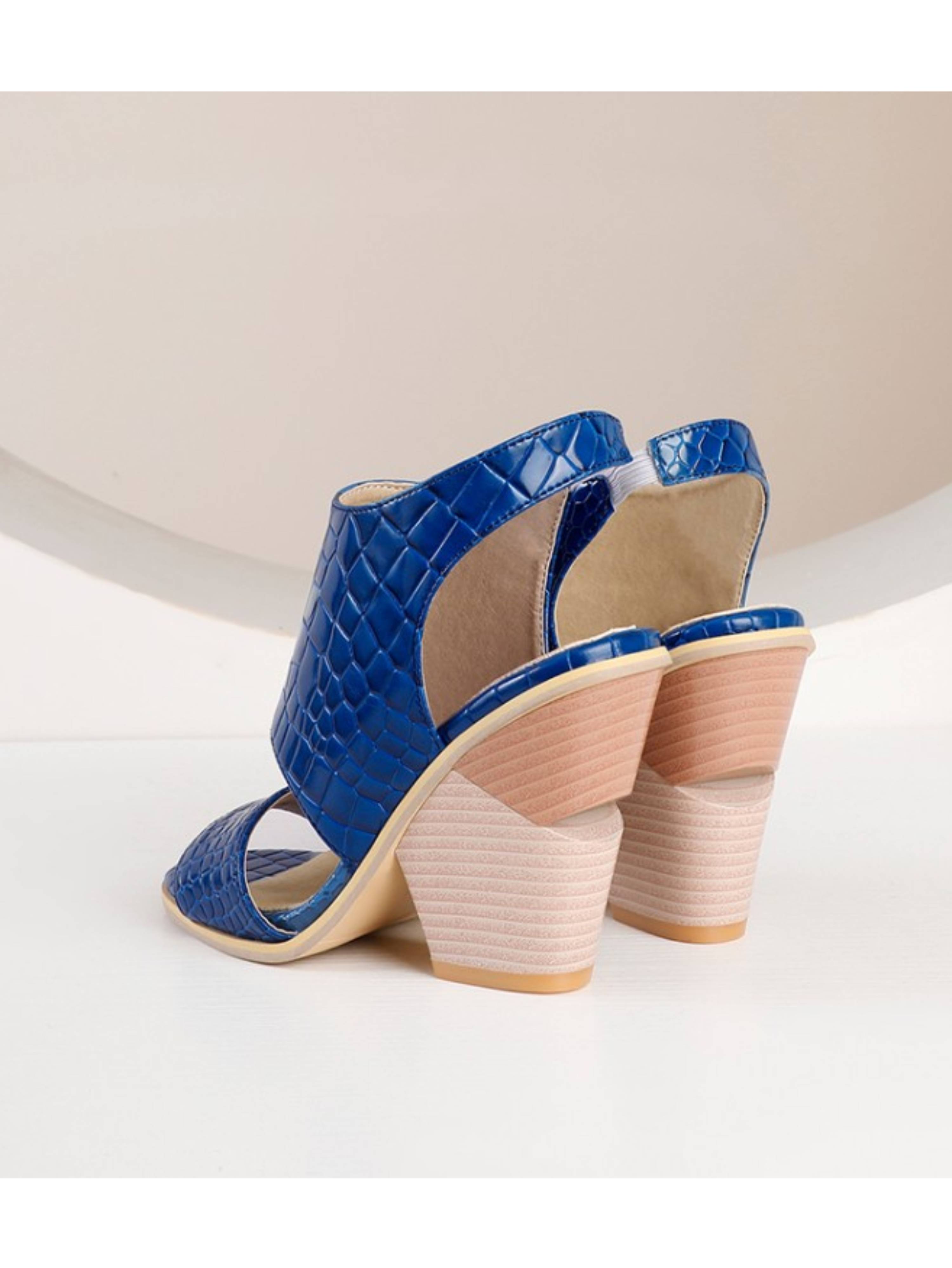 Elegant Blue Croc Texture Almond-Toe Block Heels Sandals for Women