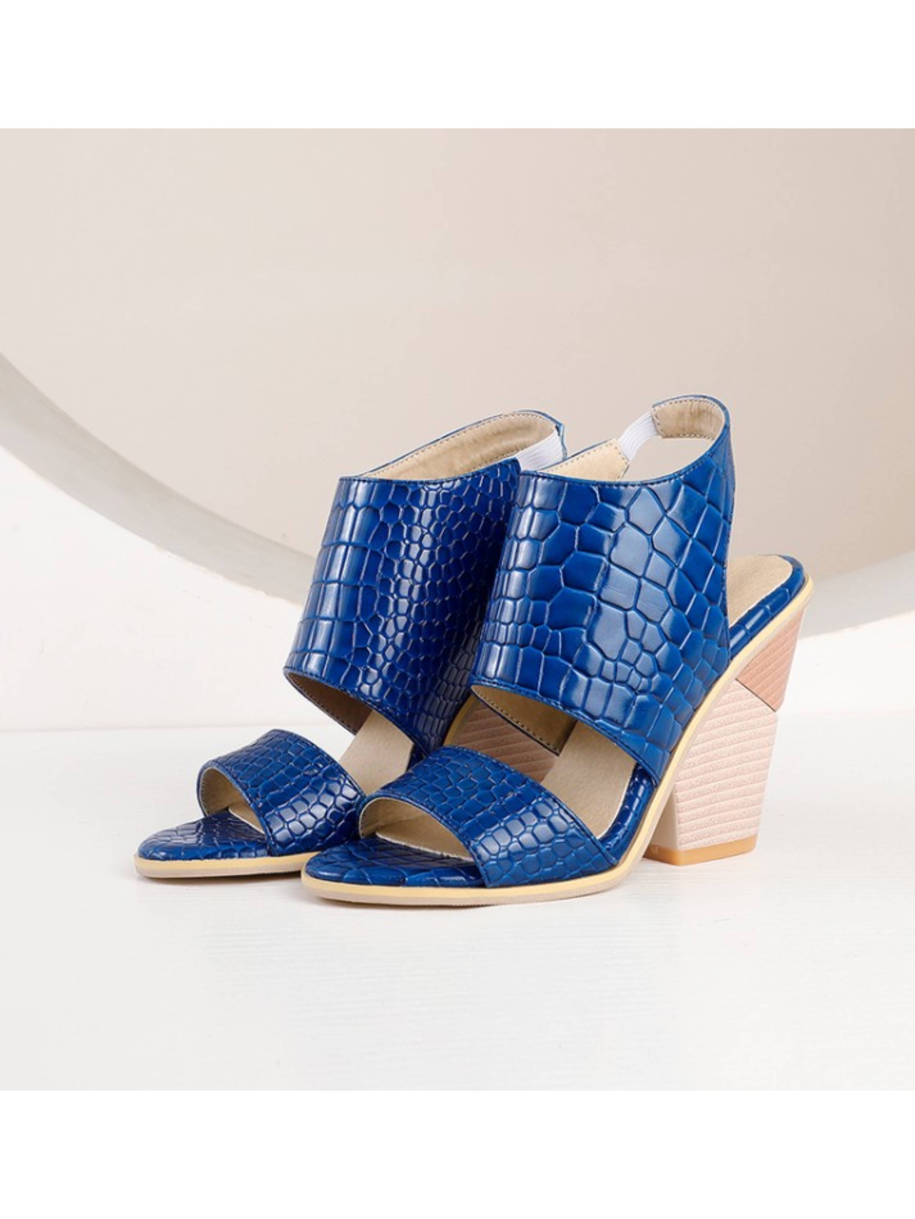 Elegant Blue Croc Texture Almond-Toe Block Heels Sandals for Women