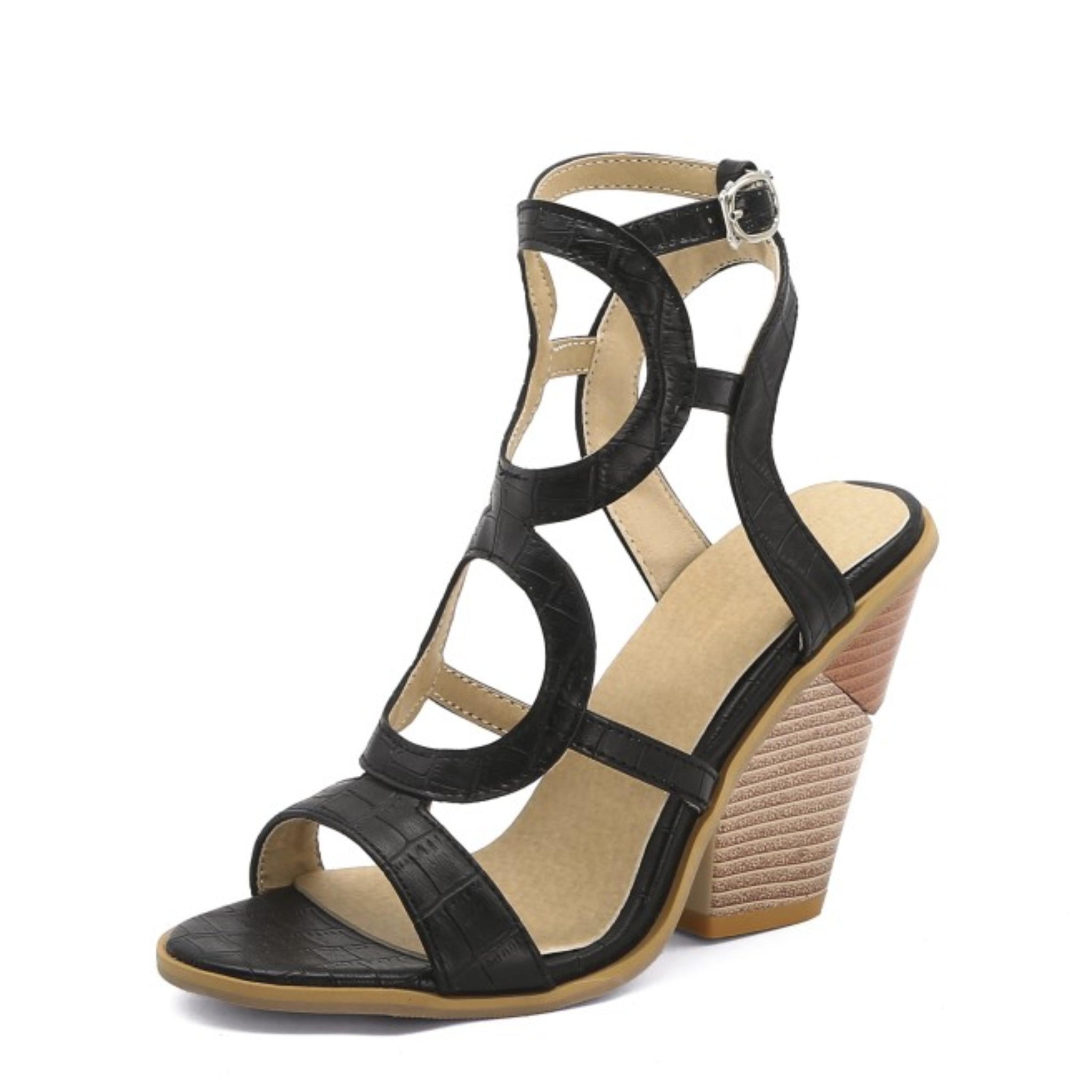 Black Luxe Croc-Embossed Strappy Sandals for Women