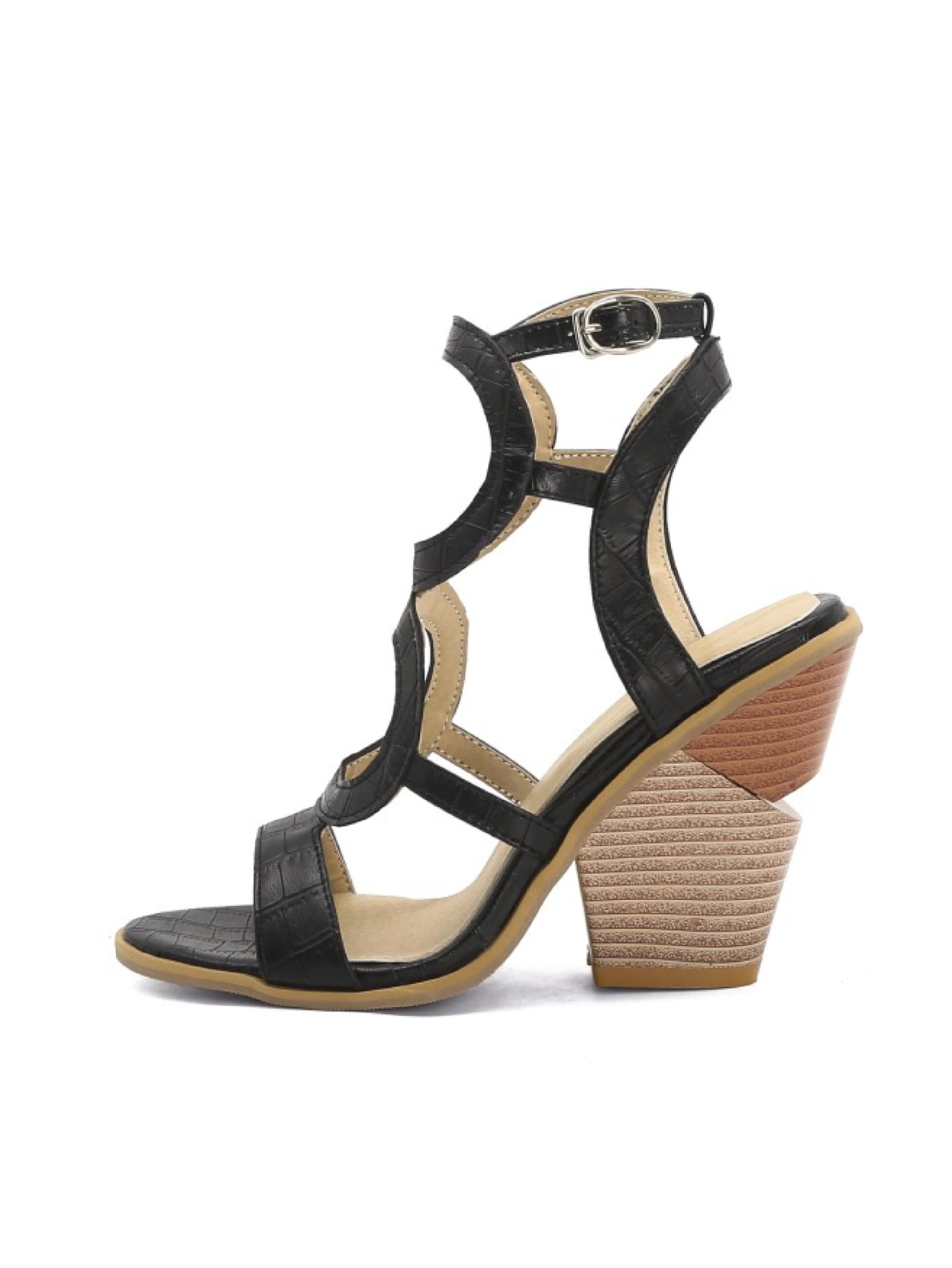 Black Luxe Croc-Embossed Strappy Sandals for Women