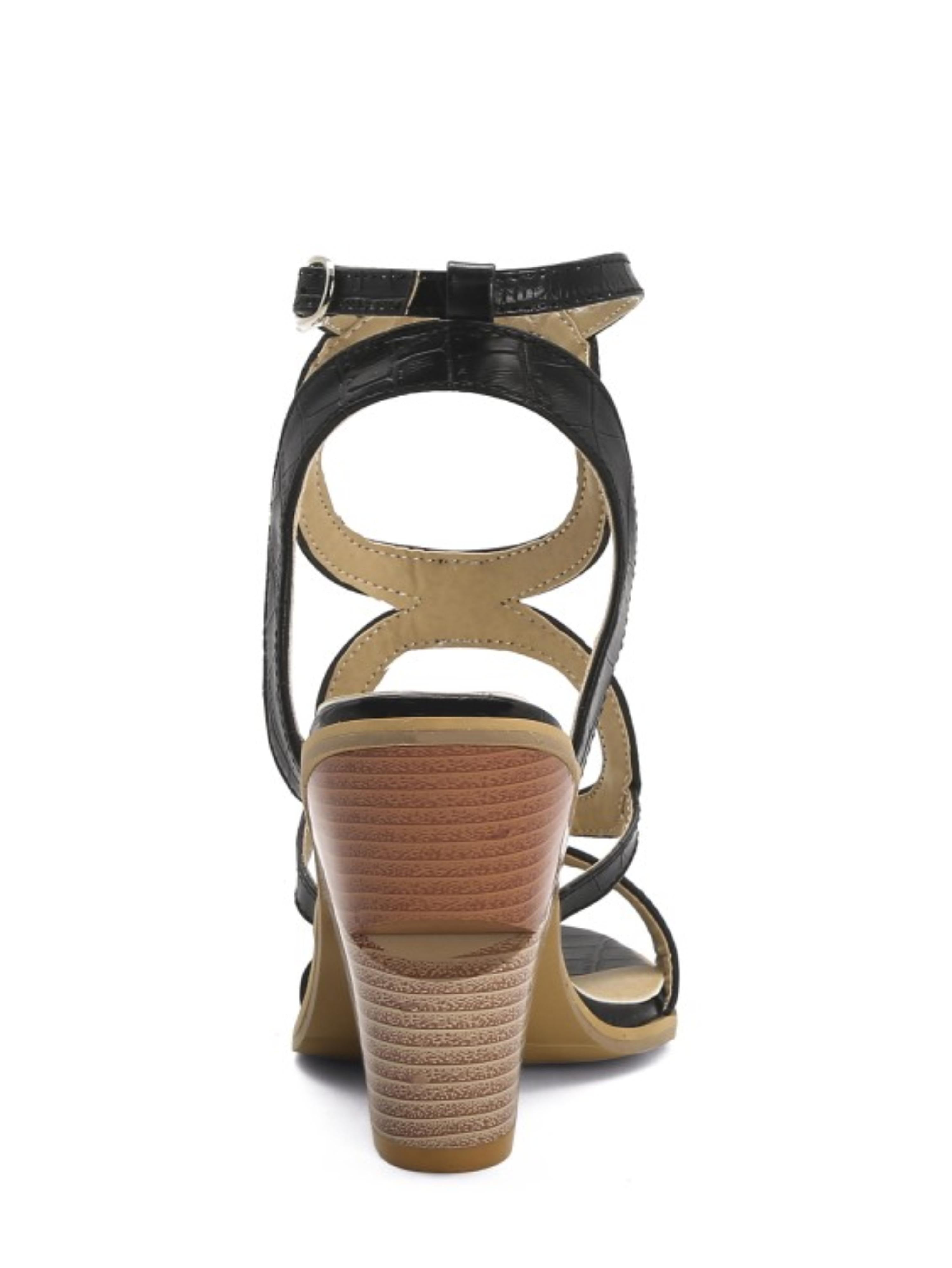 Black Luxe Croc-Embossed Strappy Sandals for Women
