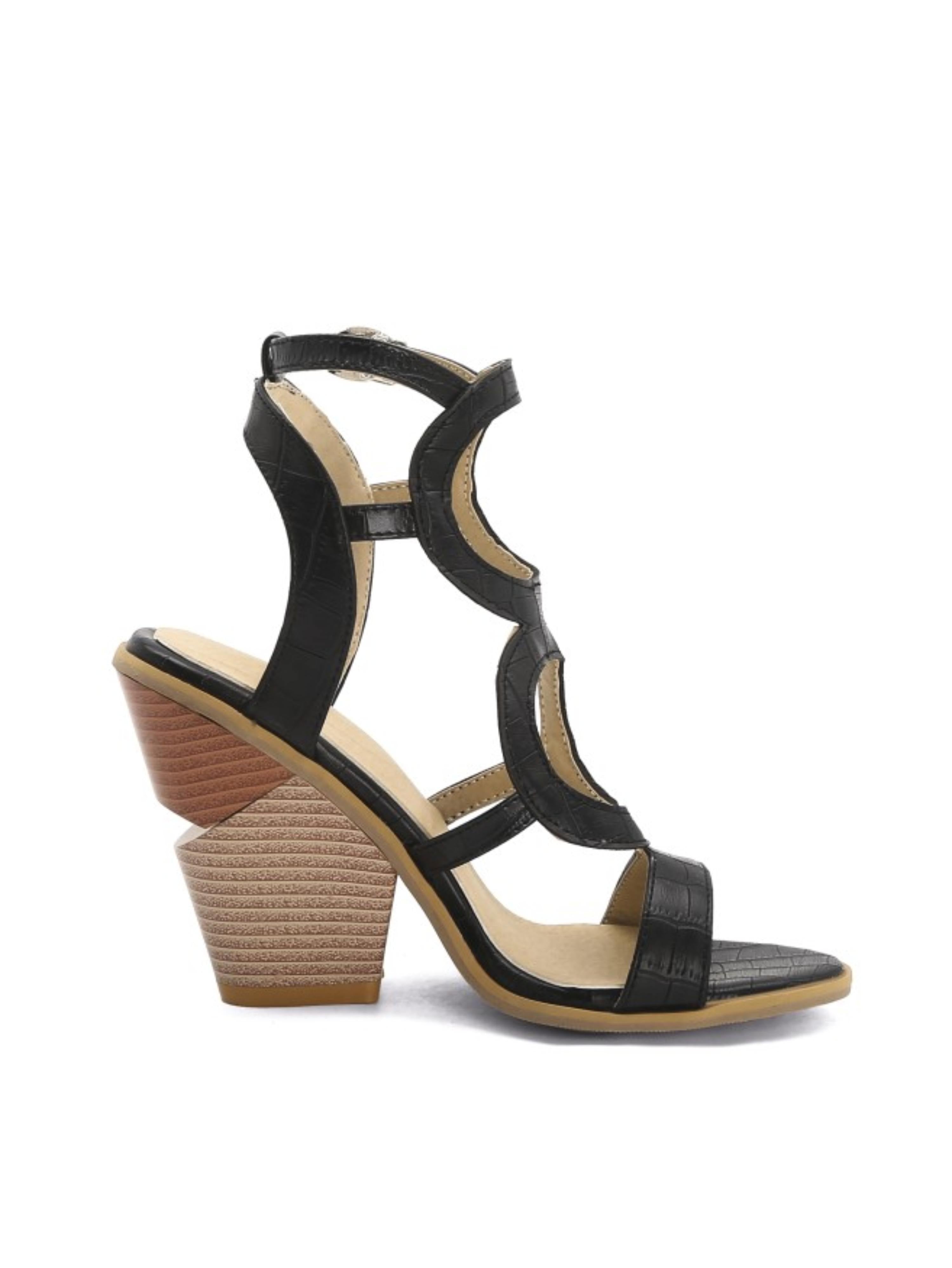 Black Luxe Croc-Embossed Strappy Sandals for Women
