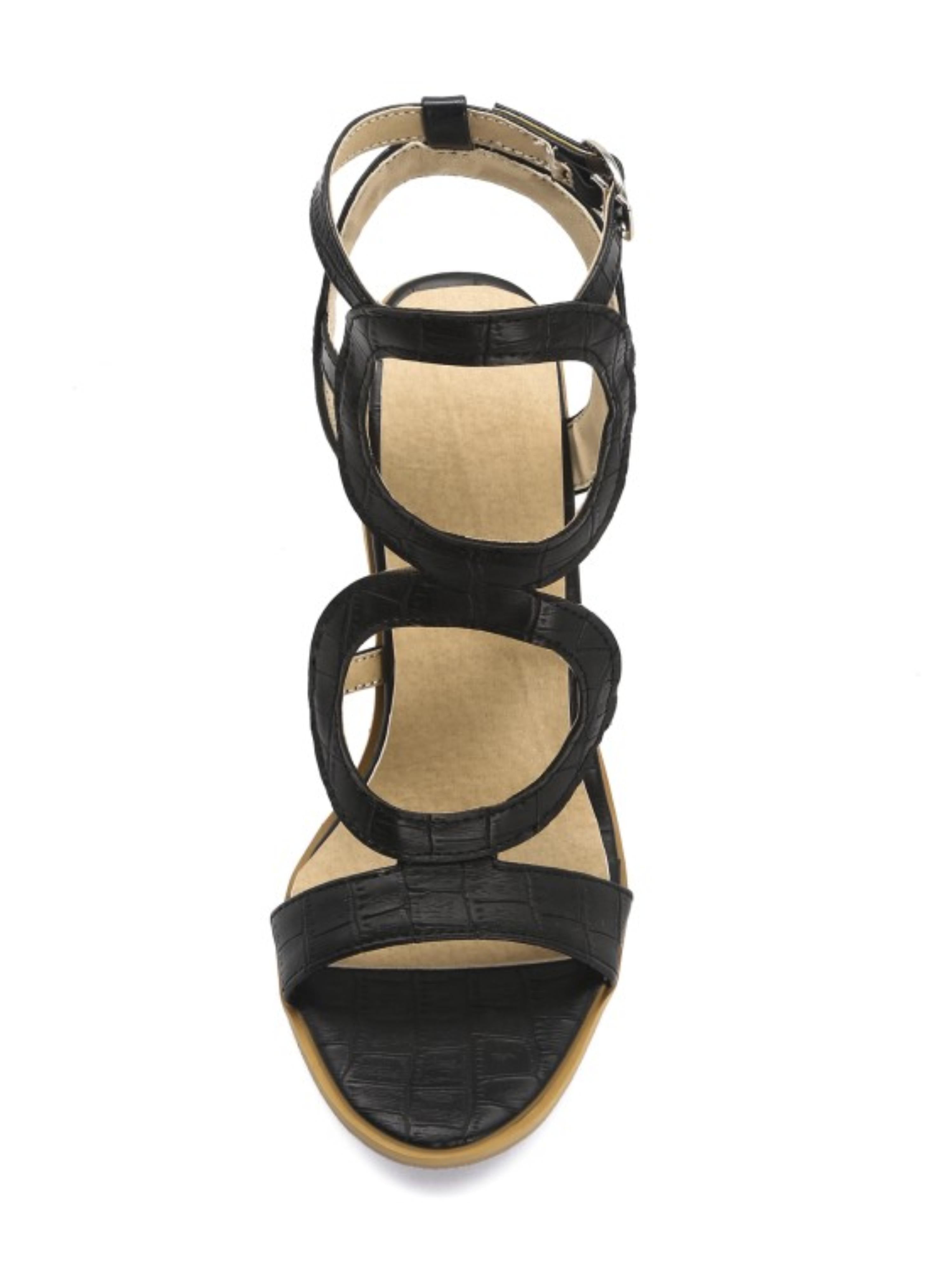 Black Luxe Croc-Embossed Strappy Sandals for Women