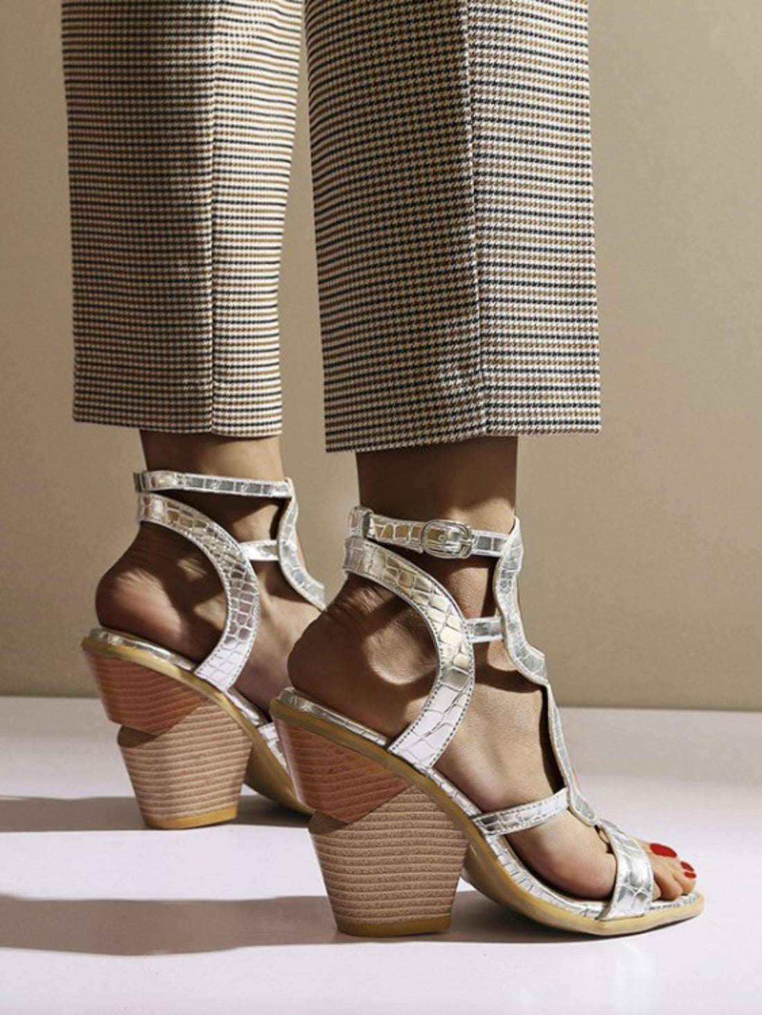 Shiny Chic Cutout Ankle Strap Block Heel Sandals for Women