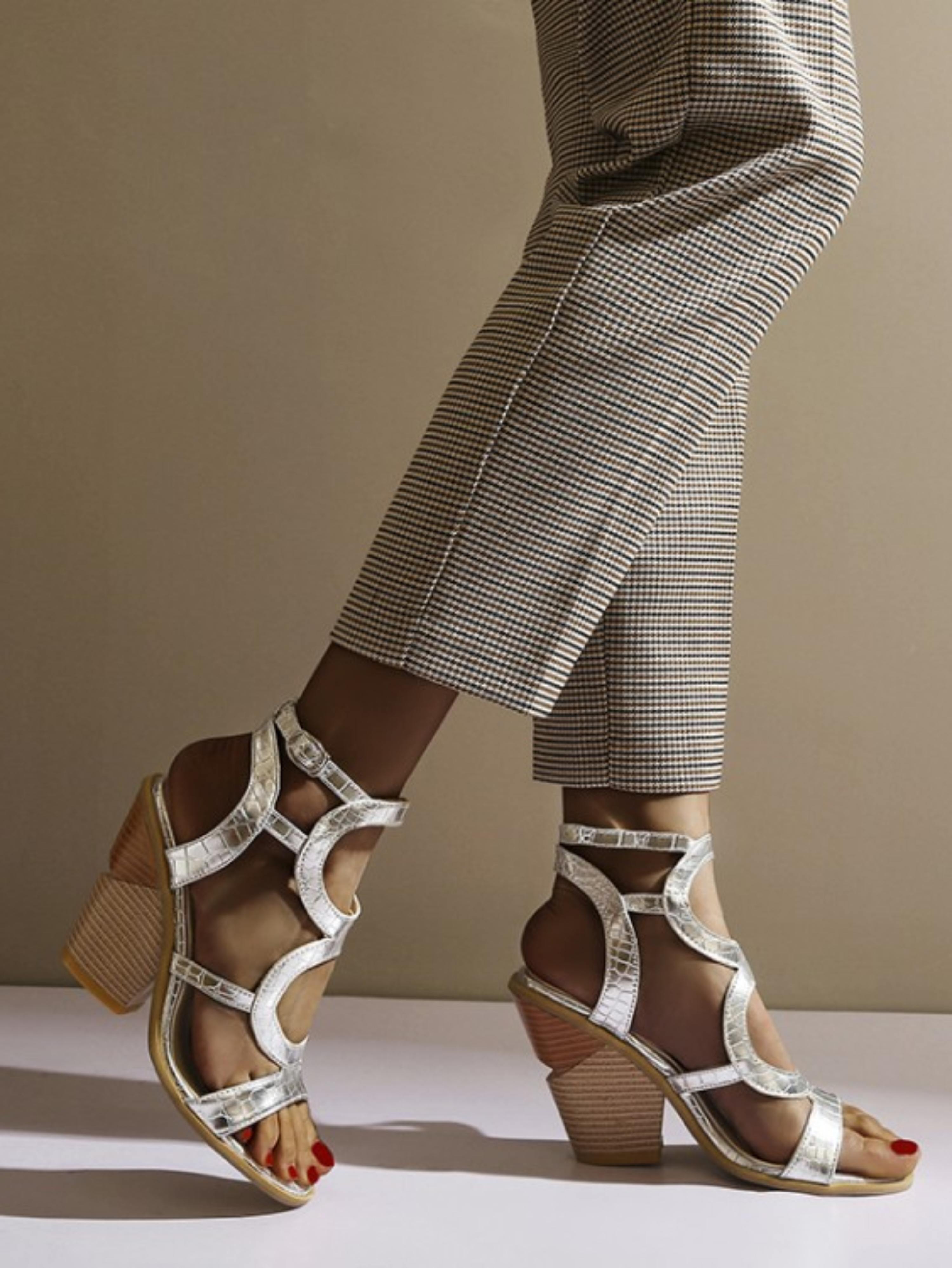 Shiny Chic Cutout Ankle Strap Block Heel Sandals for Women