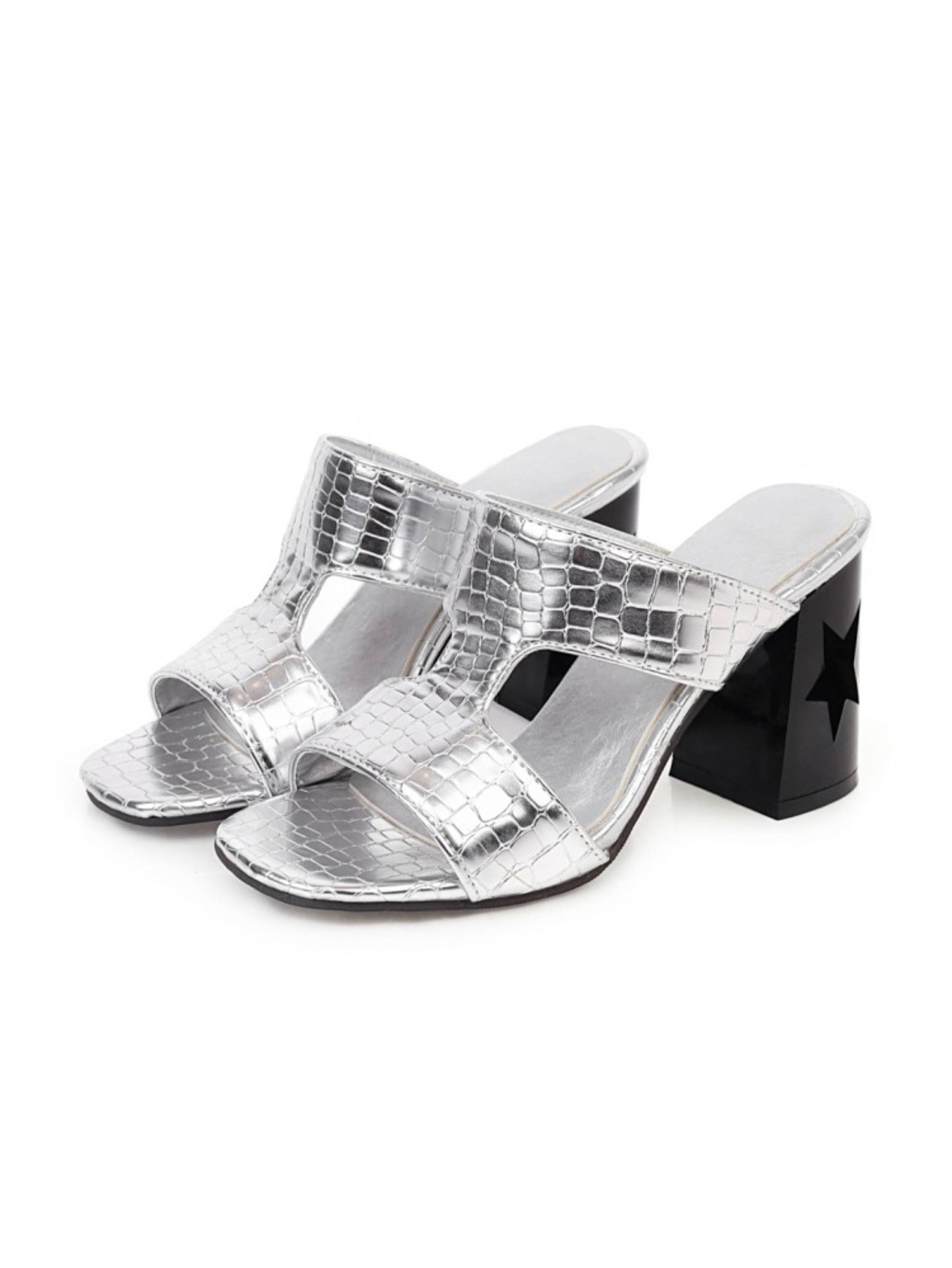 Silver high-heeled sandals with black block heel