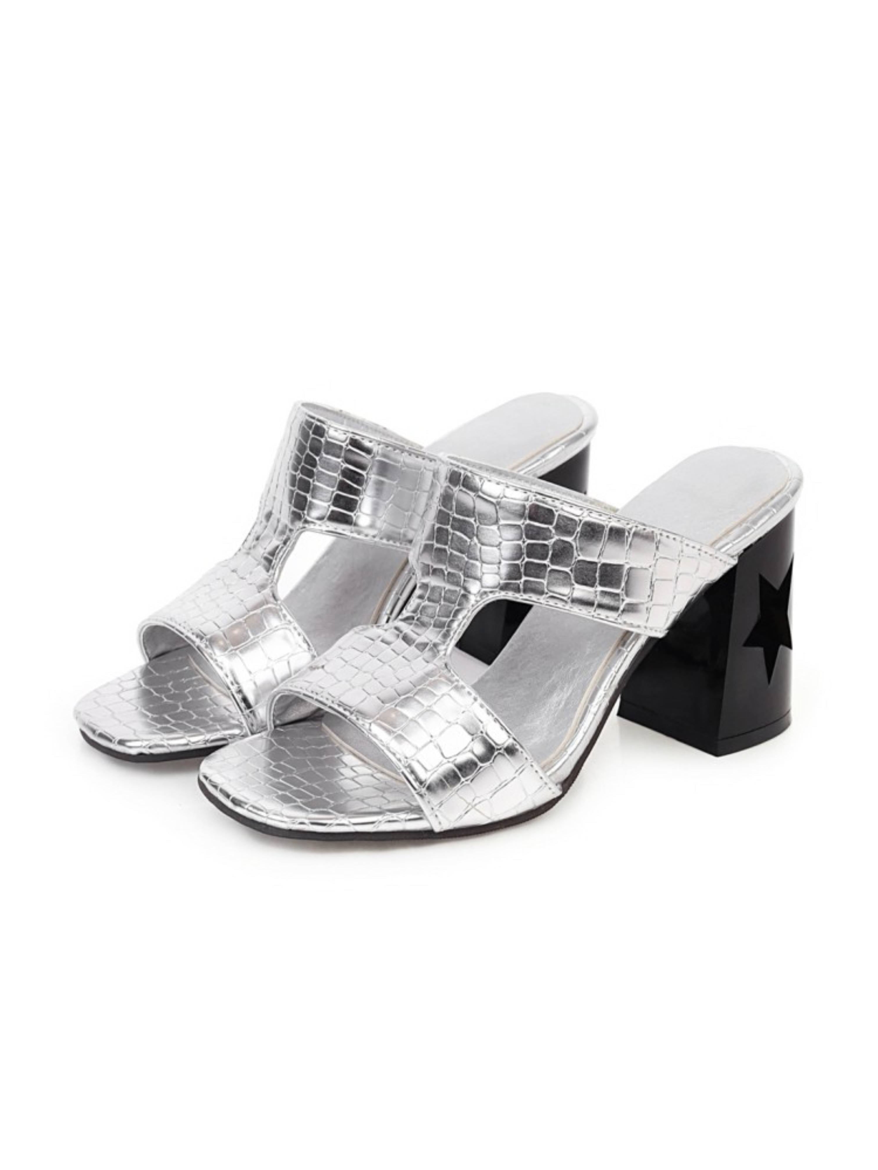 Silver high-heeled sandals with black block heel