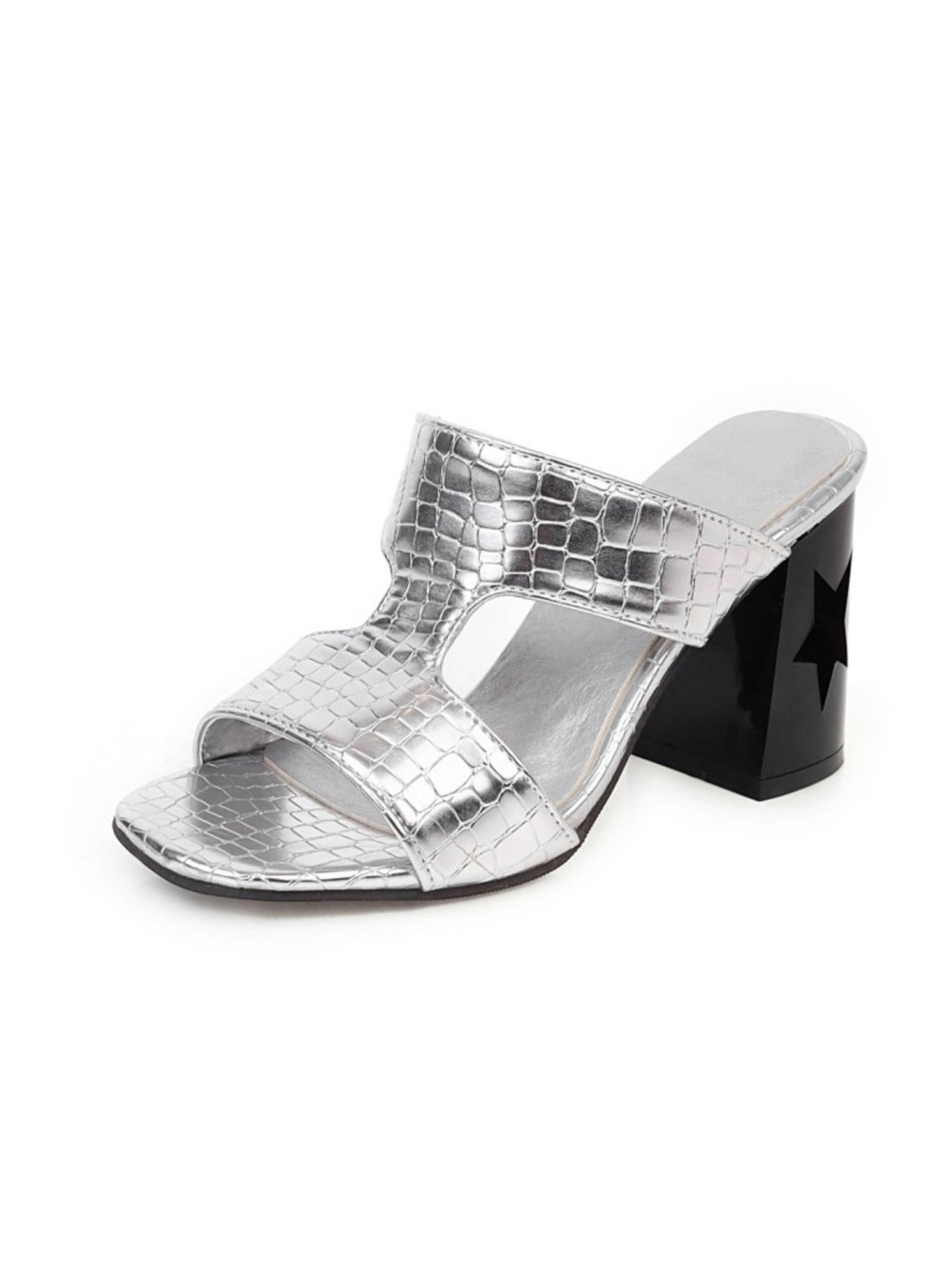 Silver high-heeled sandal with black block heel