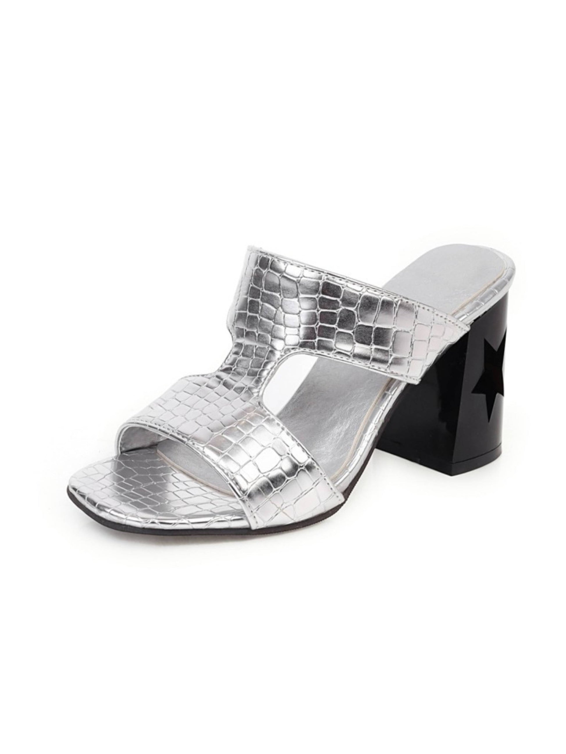 Silver high-heeled sandal with black block heel