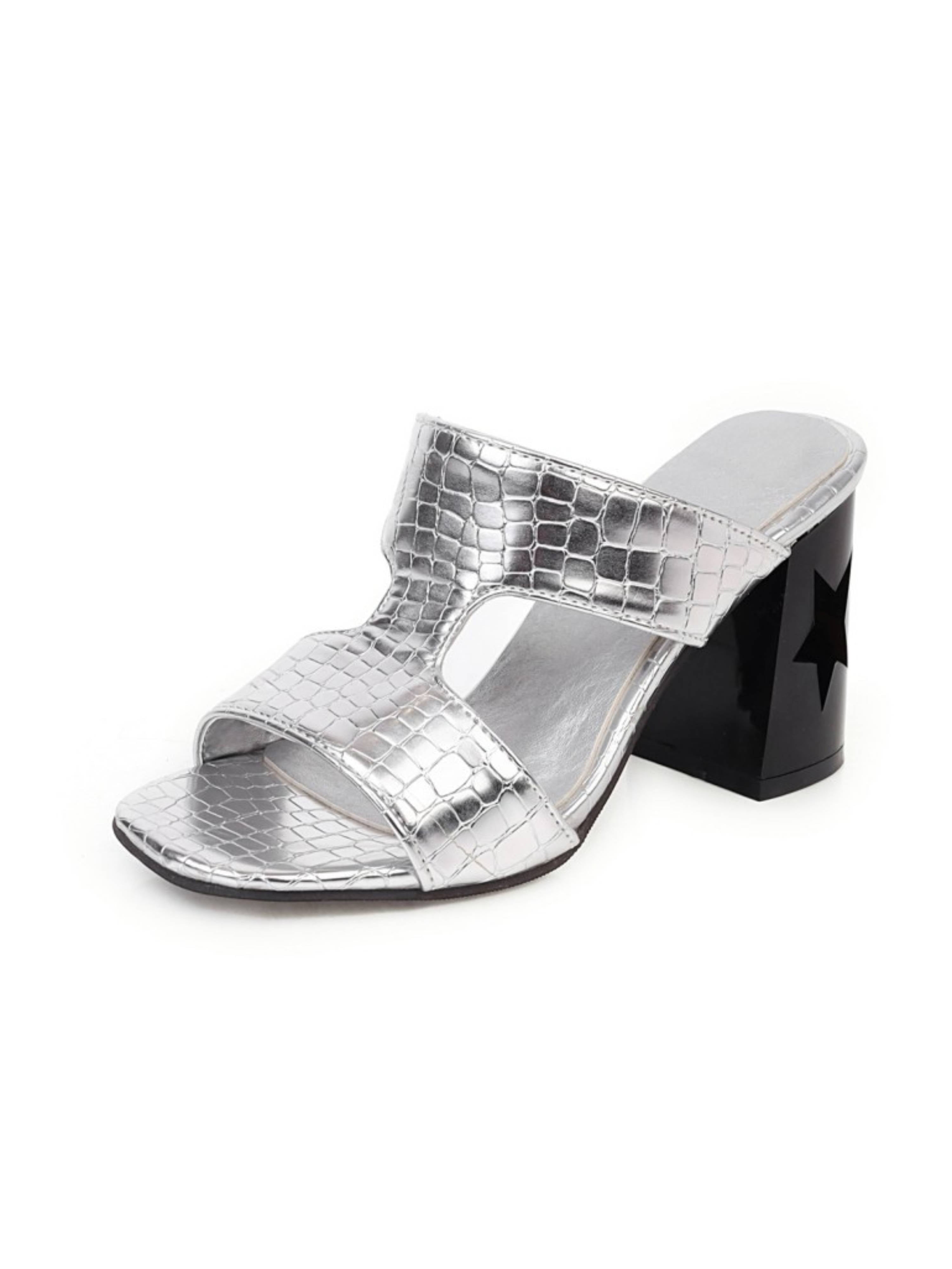 Silver high-heeled sandal with black block heel