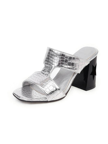 Silver high-heeled sandal with black block heel