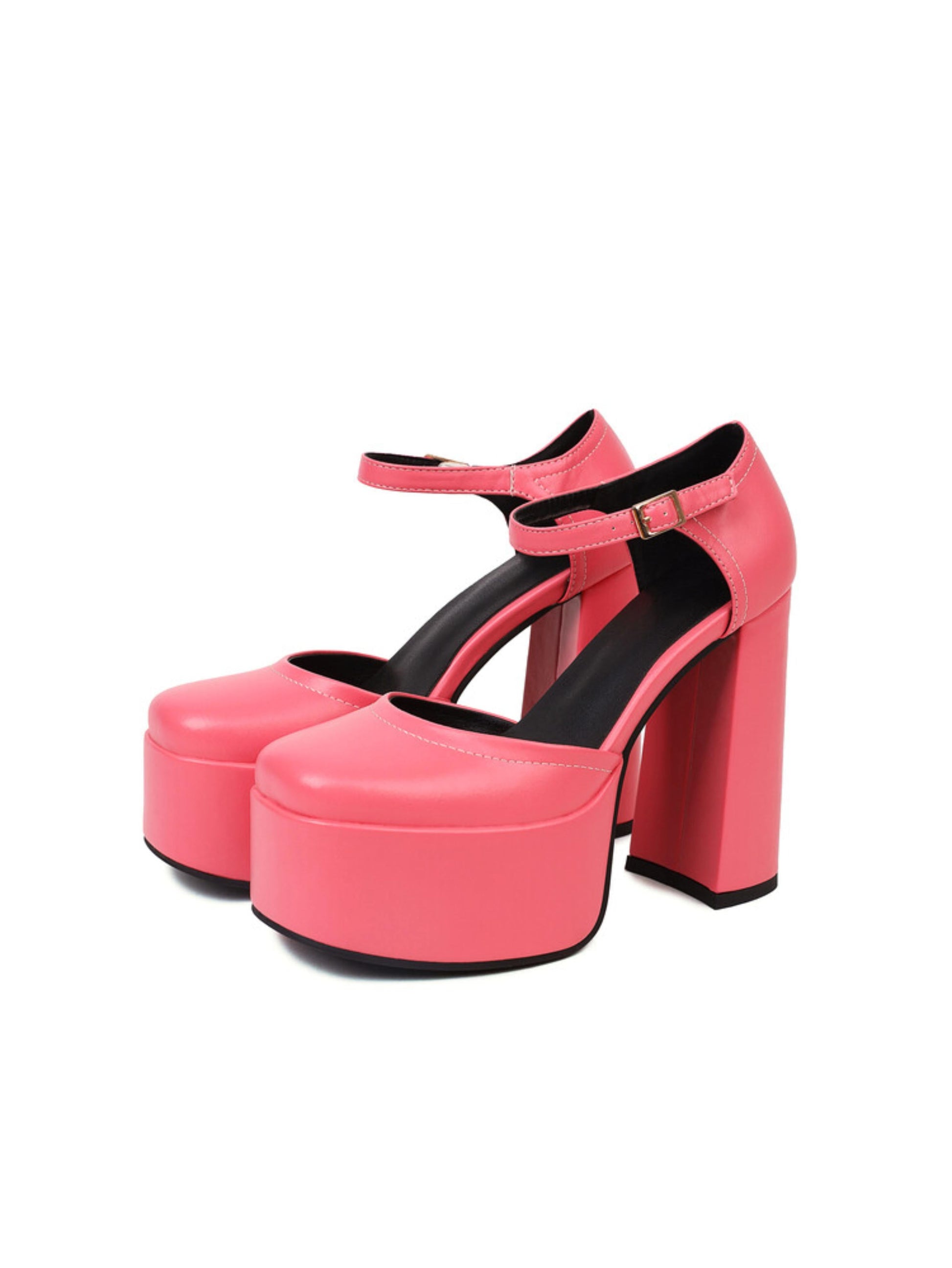 Pink platform heels with black straps