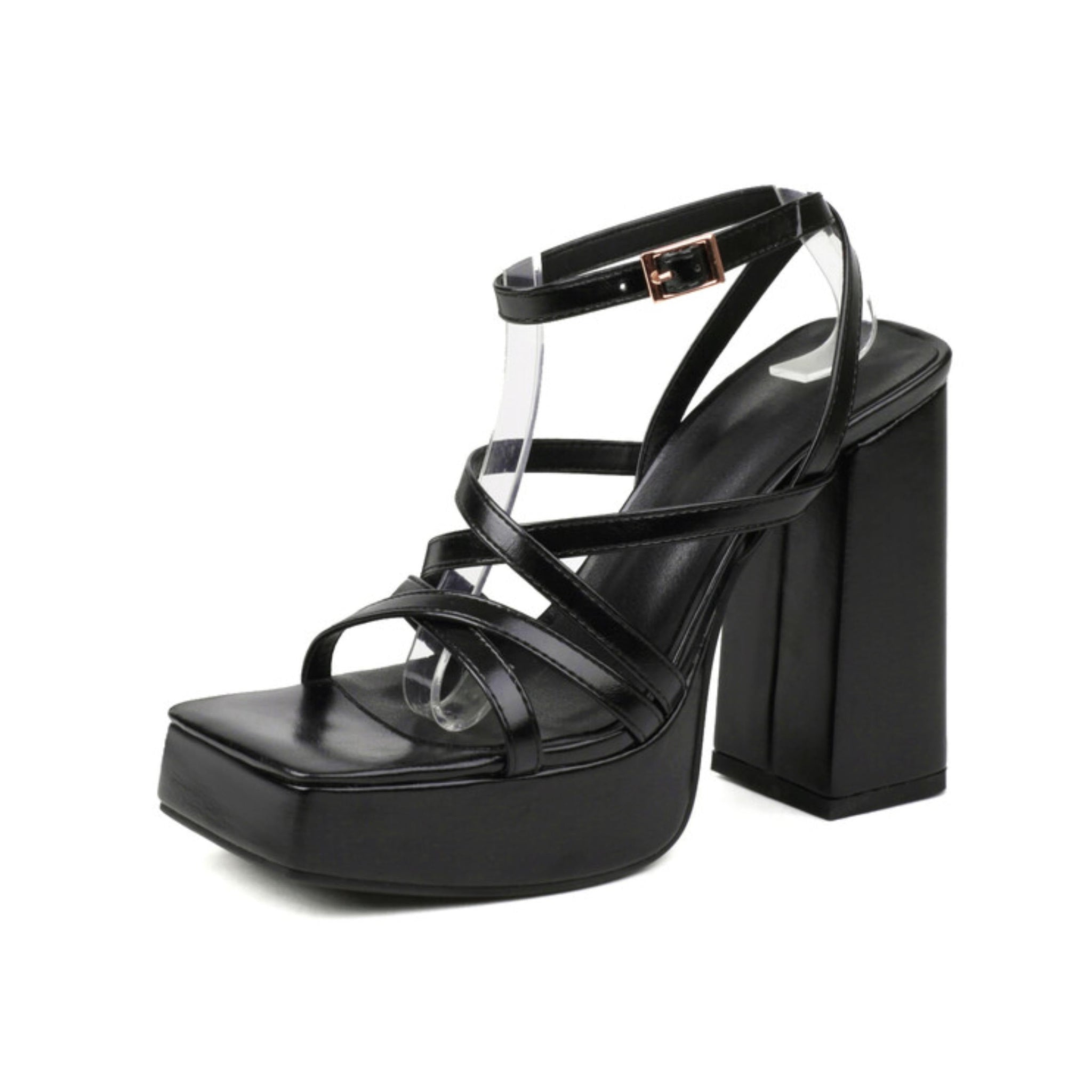 Black platform sandal with block heel