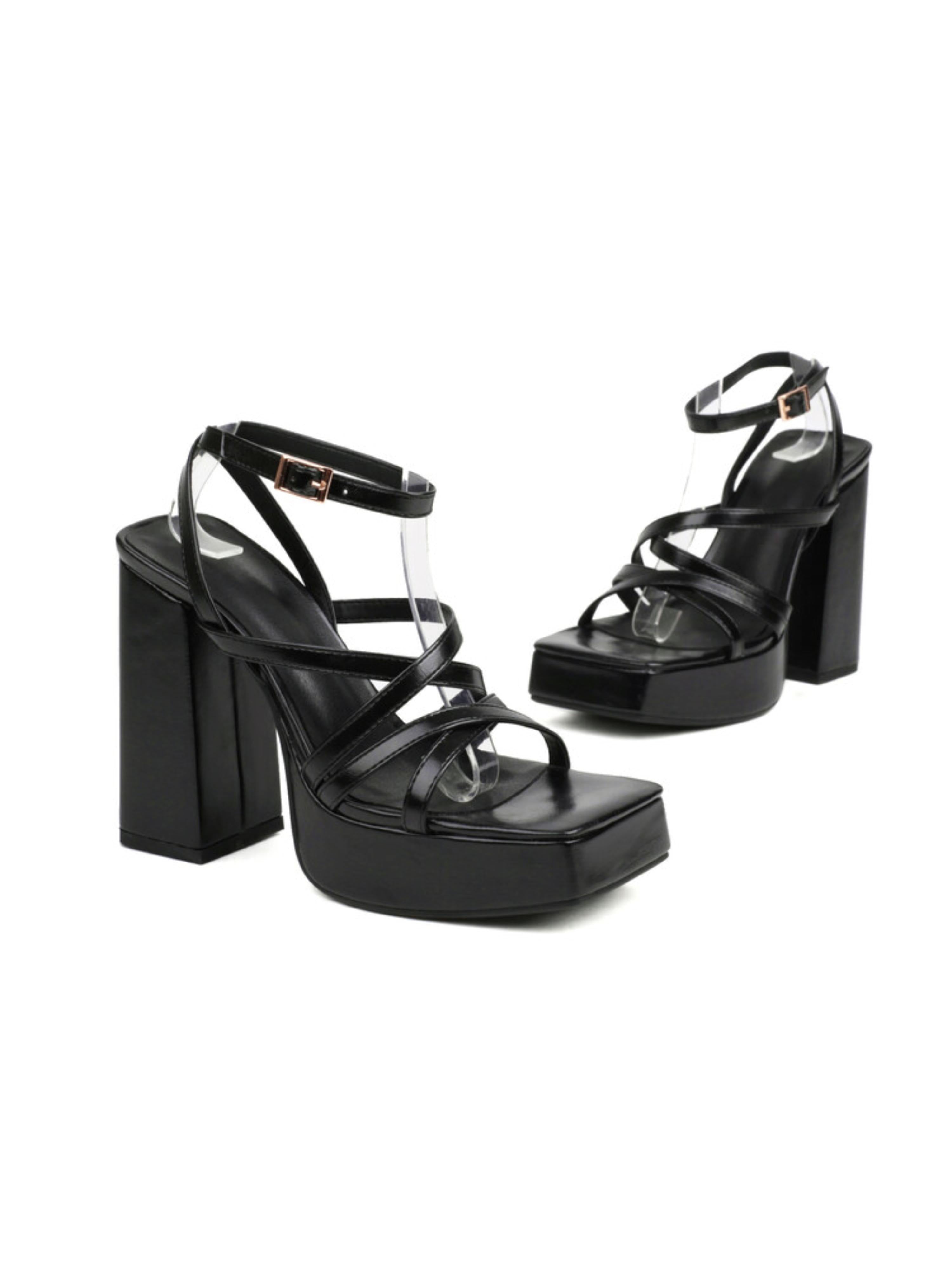 Strappy Open Toe Black Faux Leather Women's Sandals