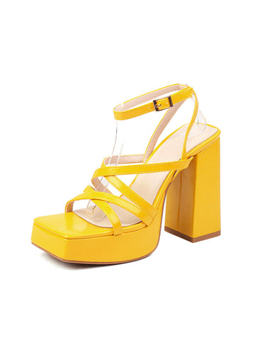 Yellow platform sandal with a block heel