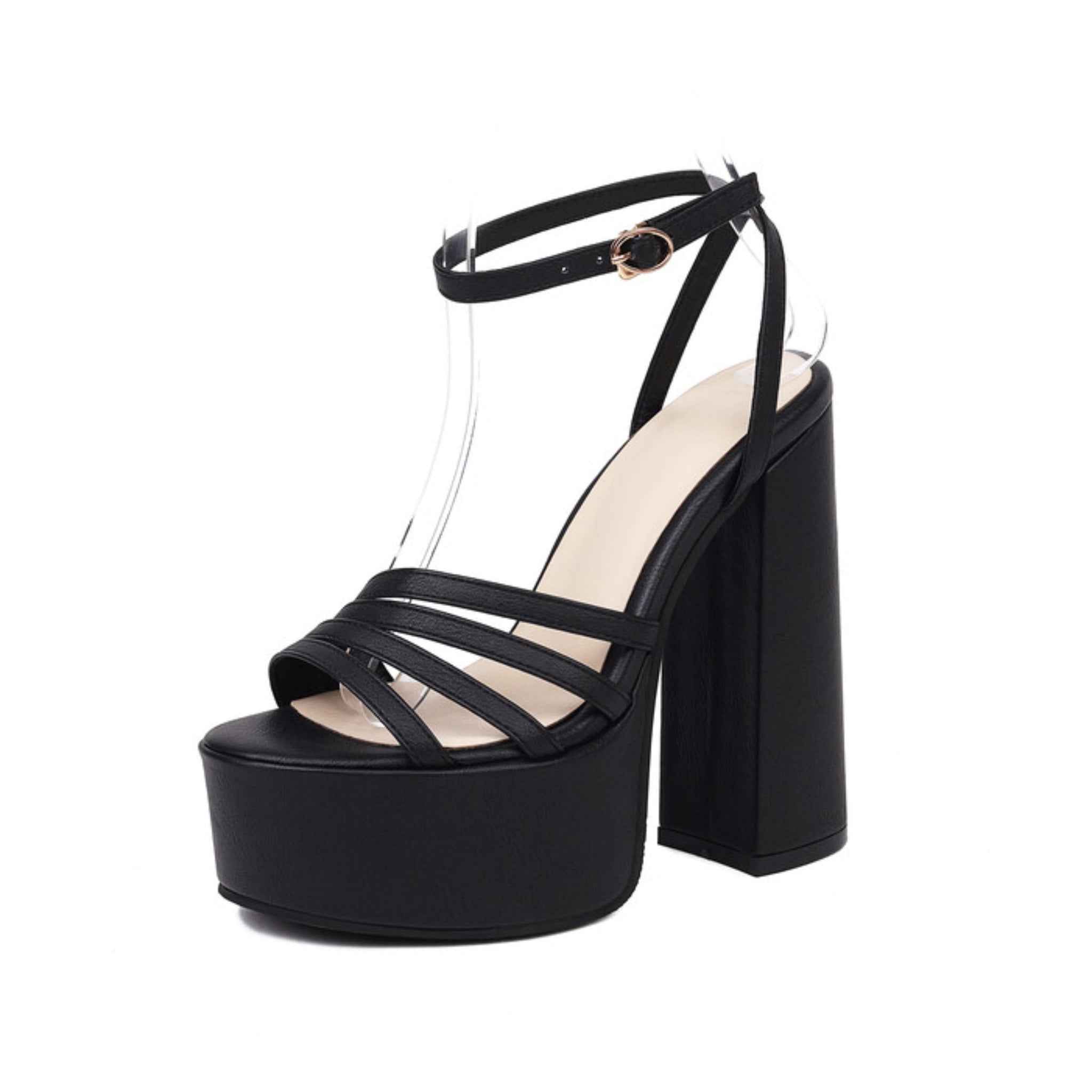 Black platform sandal with block heel