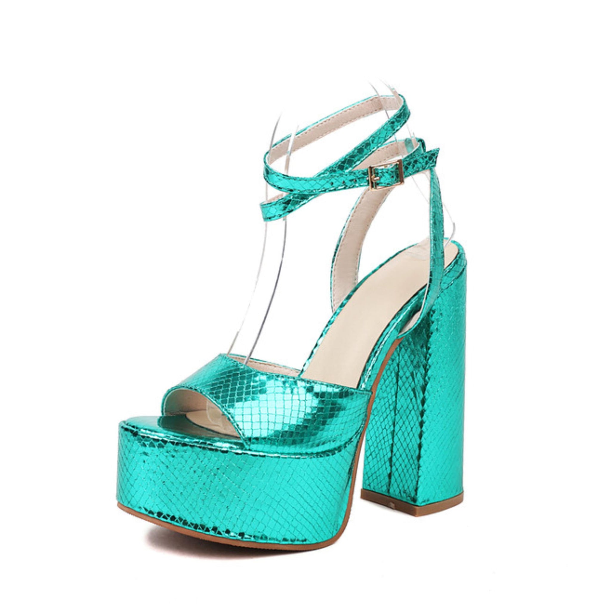 Turquoise high-heeled shoes with platform