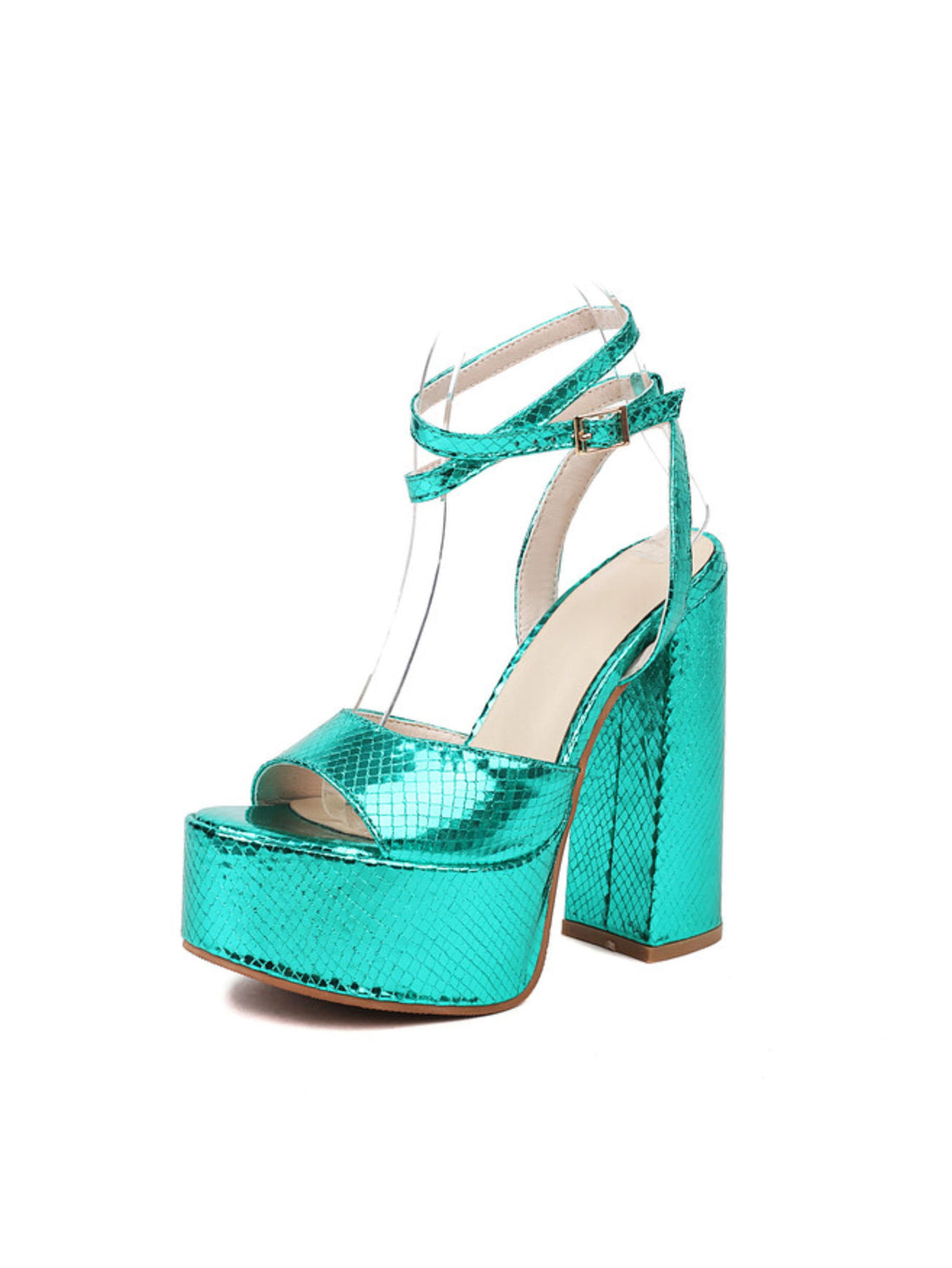 Turquoise high-heeled shoes with platform