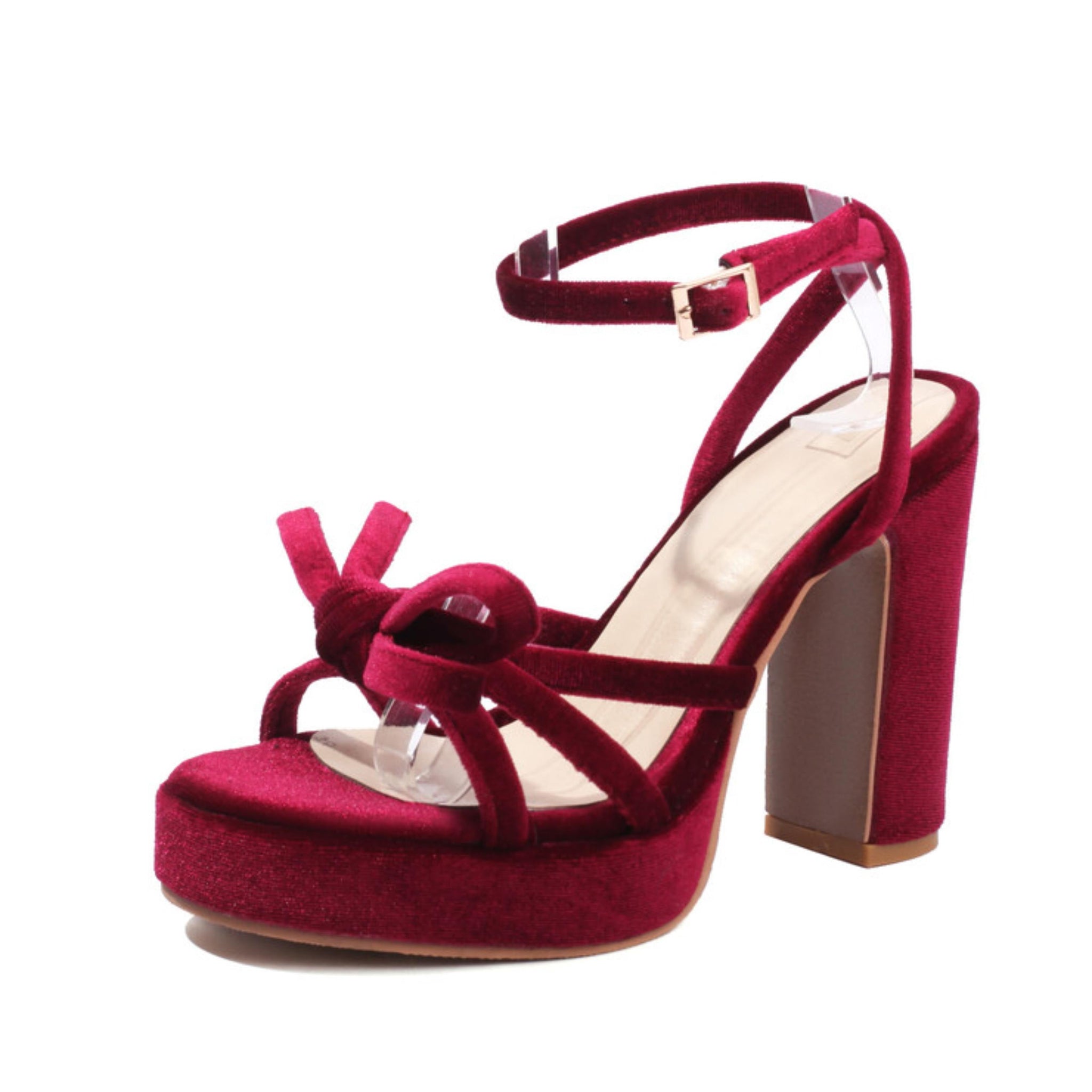 Red high-heeled sandal with platform sole