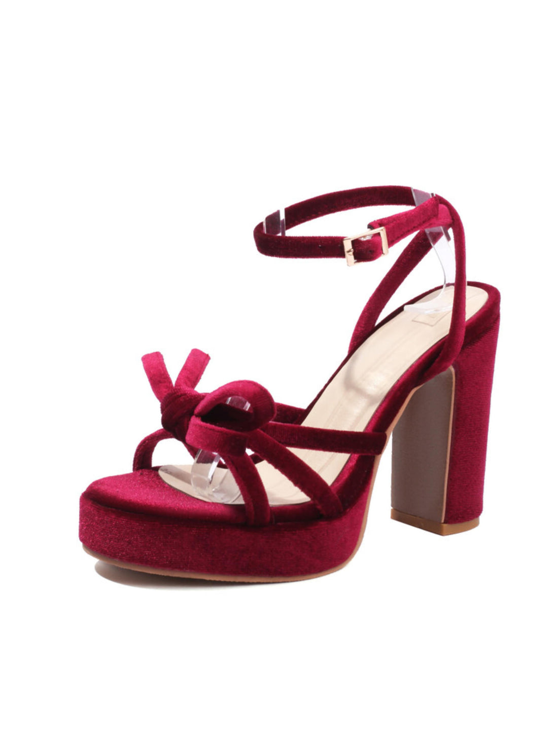 Red high-heeled sandal with platform sole
