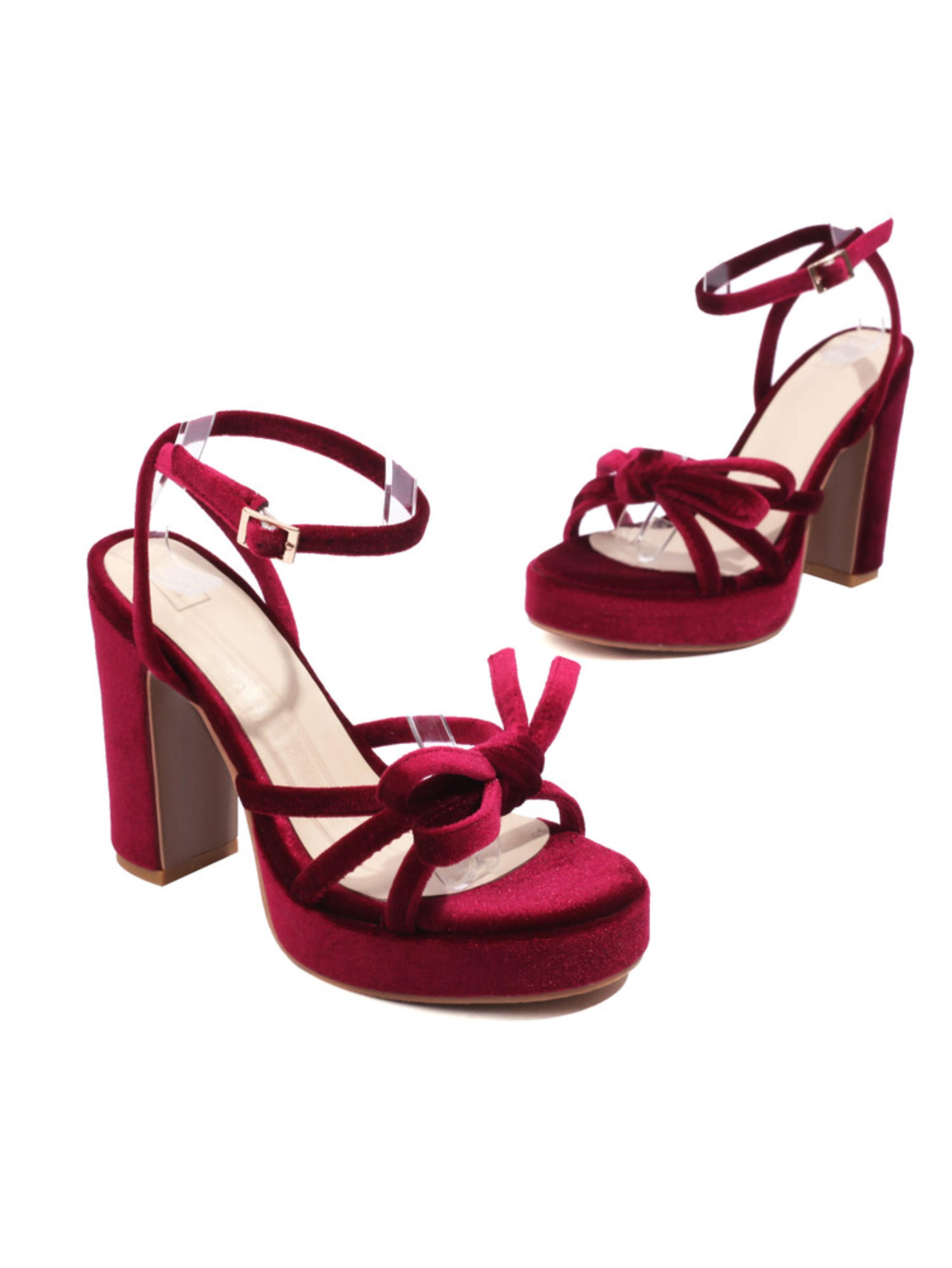 Maroon Bow-Tied Ankle Strap Block Heel Sandasl for Women