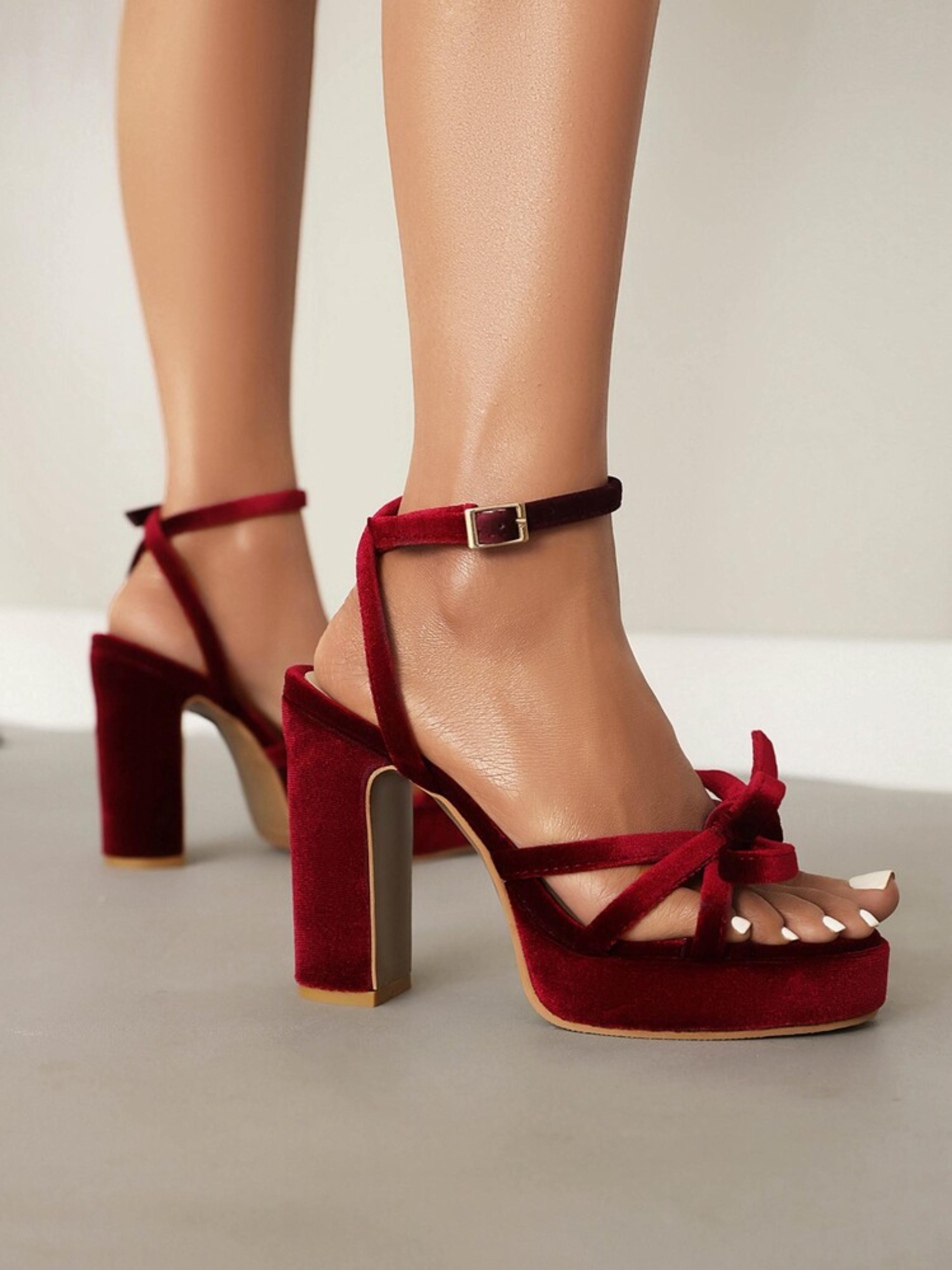 Maroon Bow-Tied Ankle Strap Block Heel Sandasl for Women