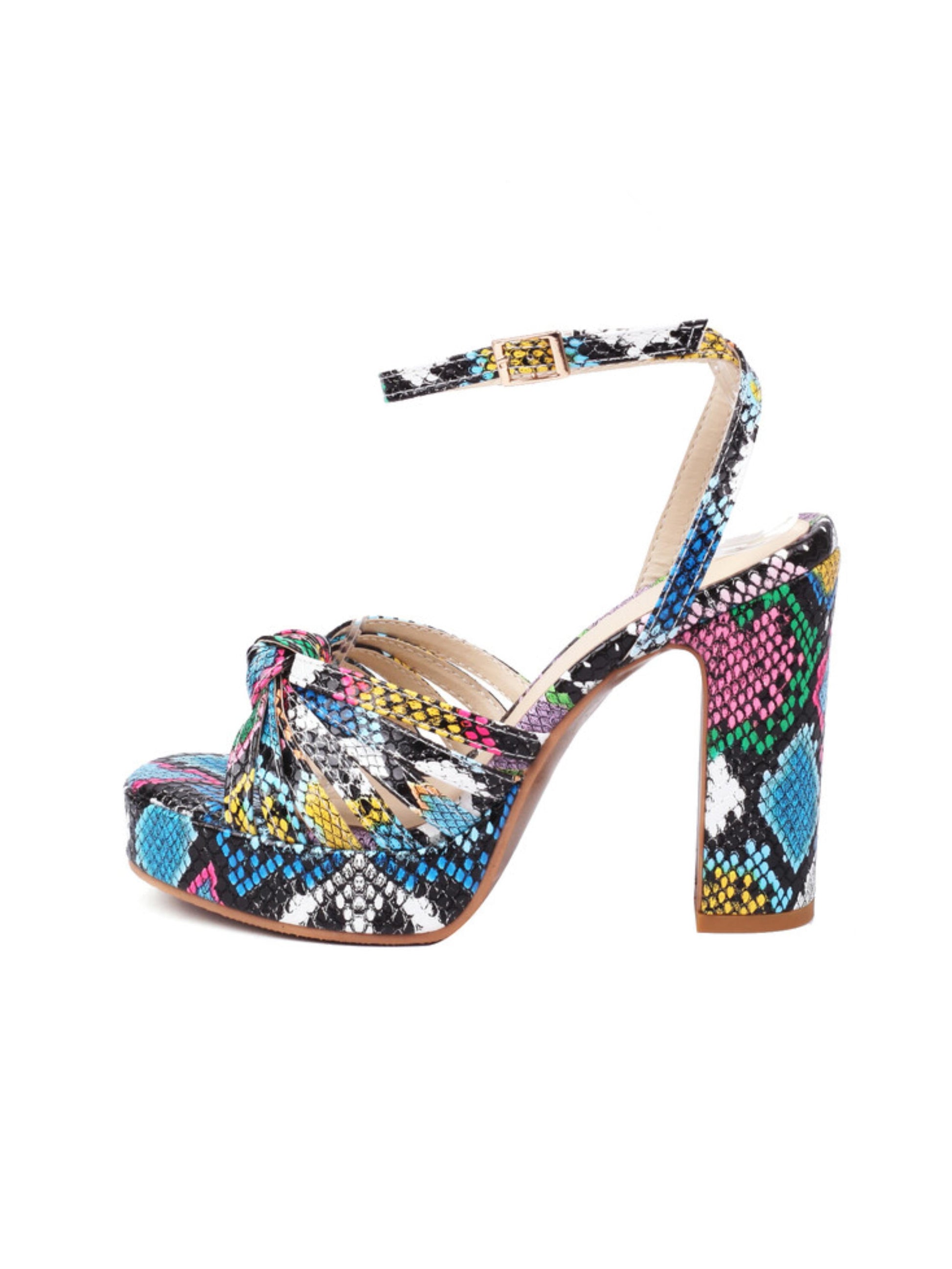 Multicolored platform sandal with snake print