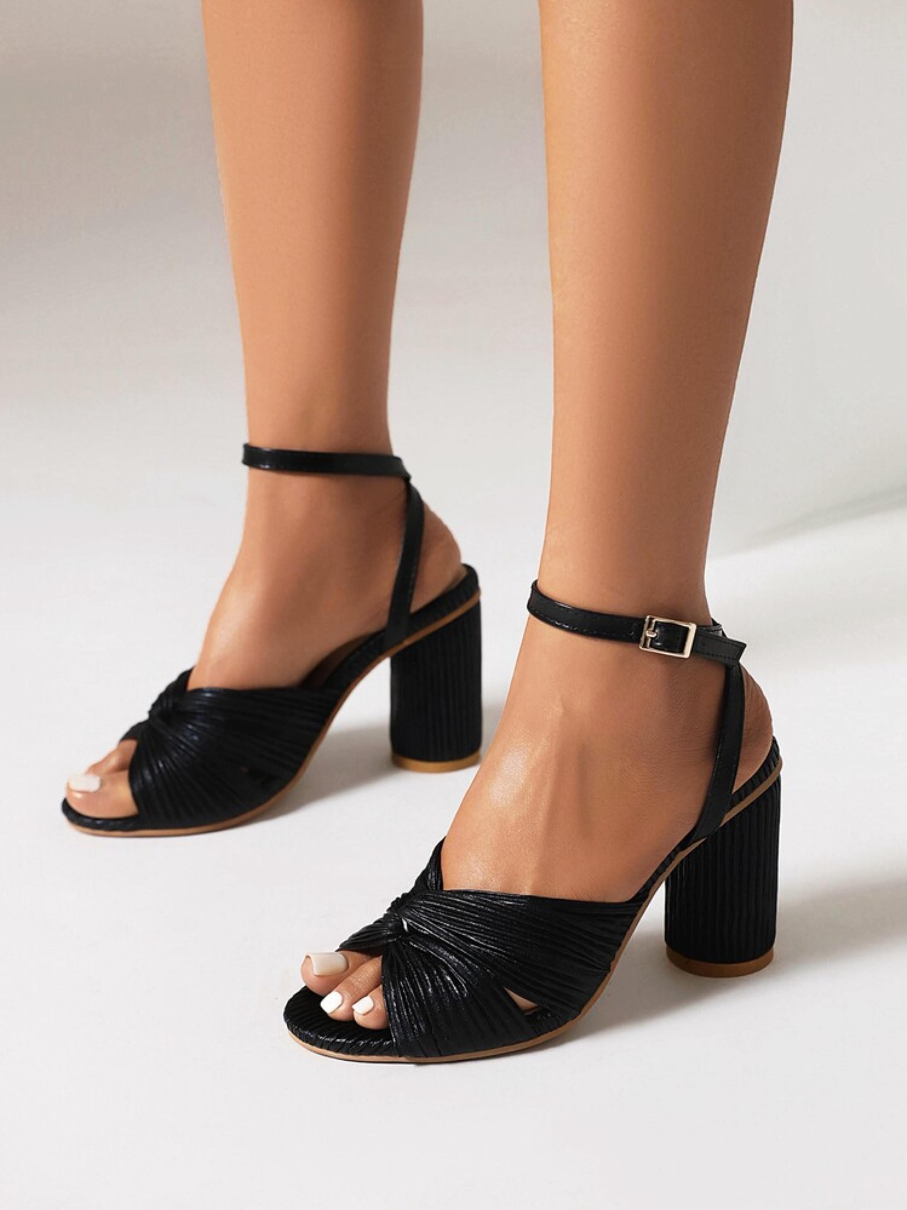Textured Pleated Black Open Toe Women's Sandals