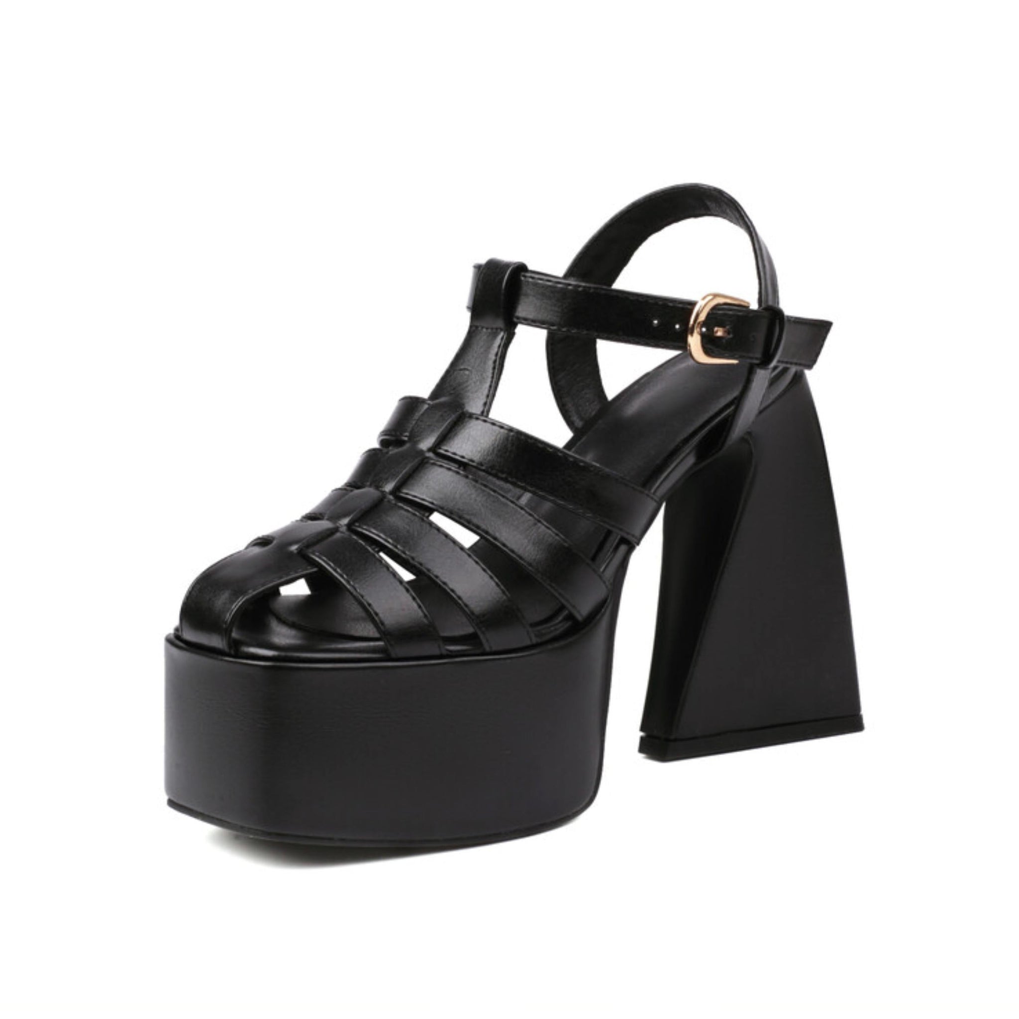 Black platform sandal with a chunky heel