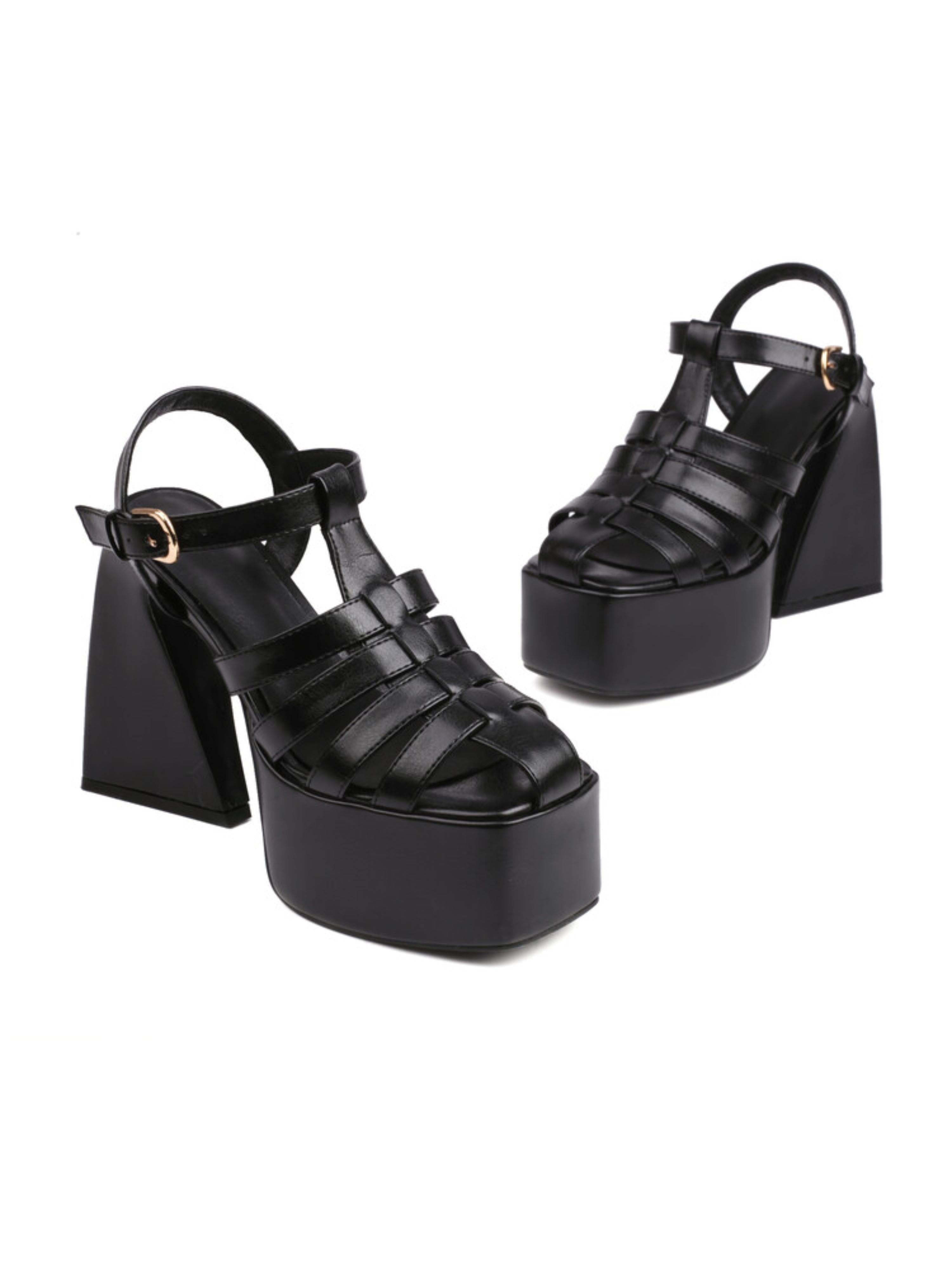 Black High Heeled Cage Platform Sandals for Women