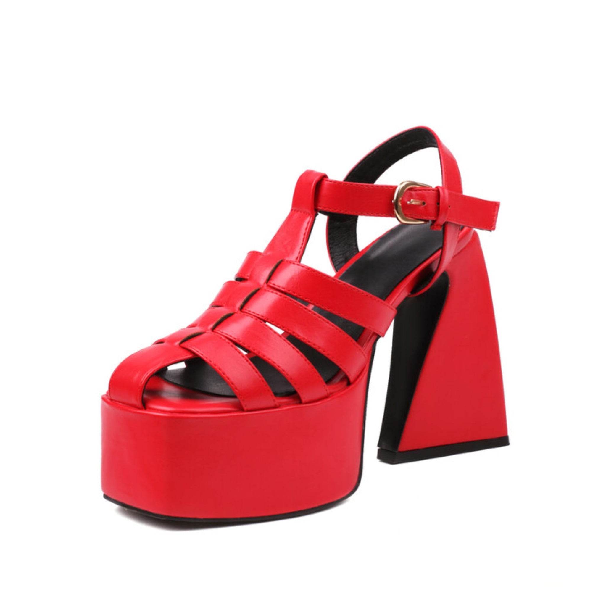 Red platform sandal with a black sole
