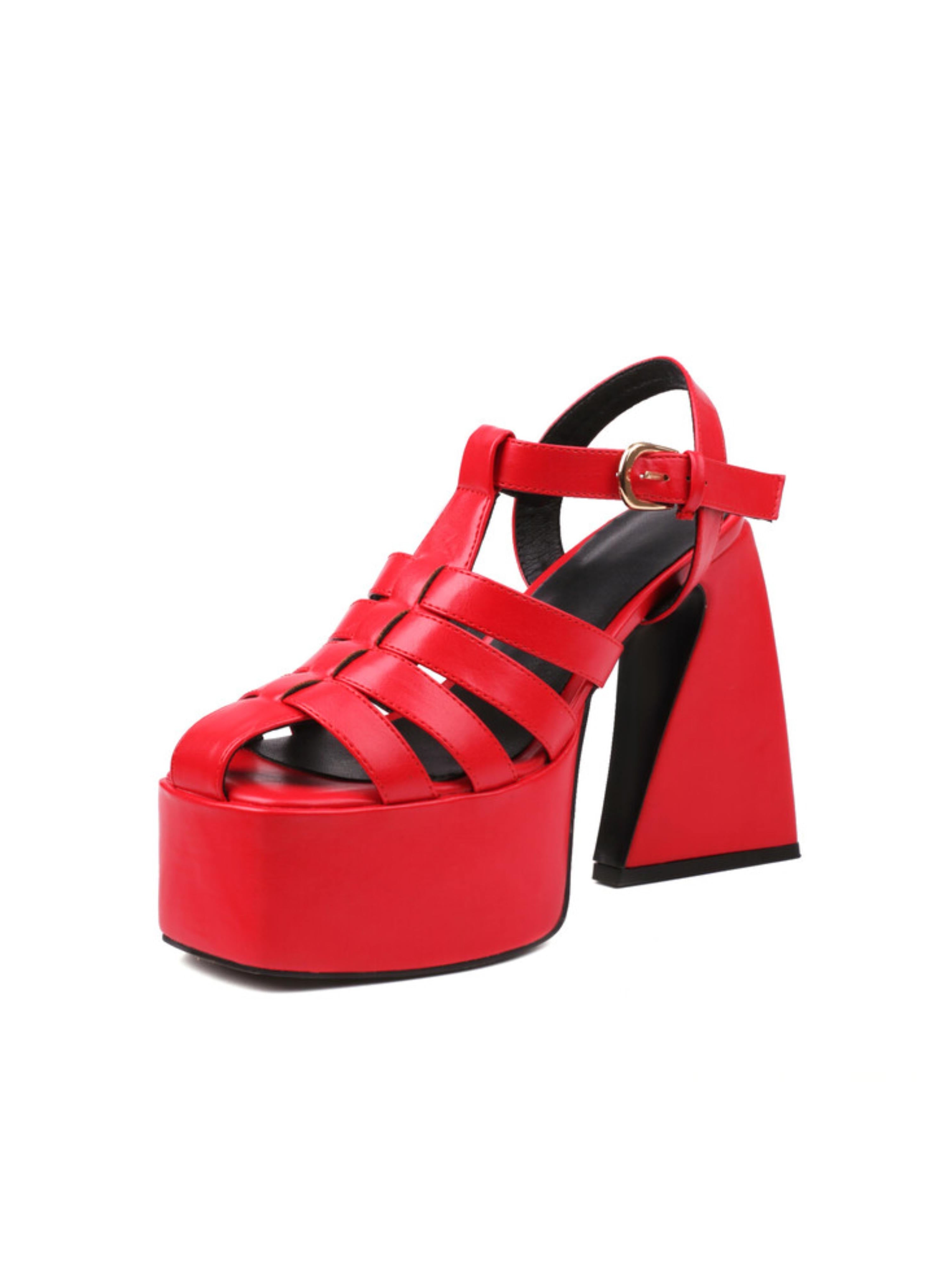 Red platform sandal with a black sole