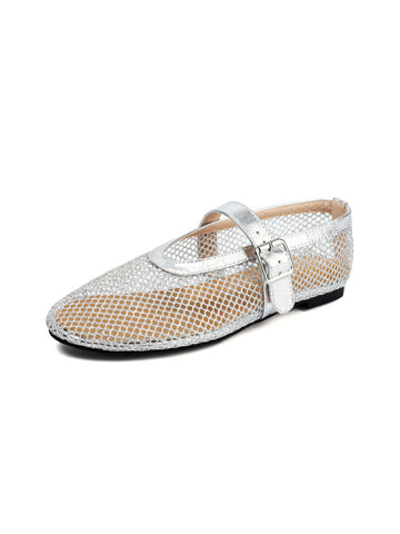 Airy Fishnet Pointed Flats Silver Sandals for Women
