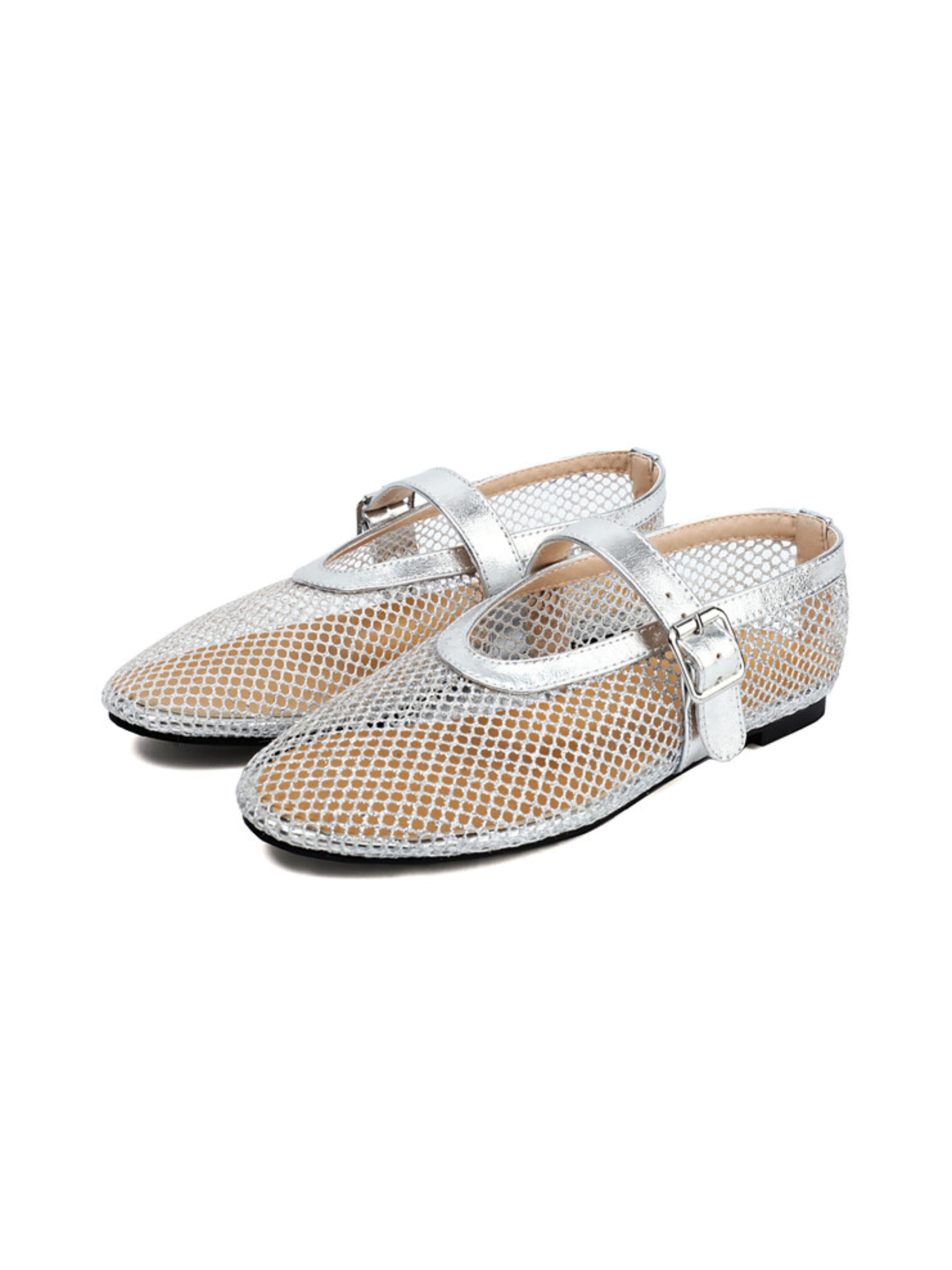 Airy Fishnet Pointed Flats Silver Sandals for Women