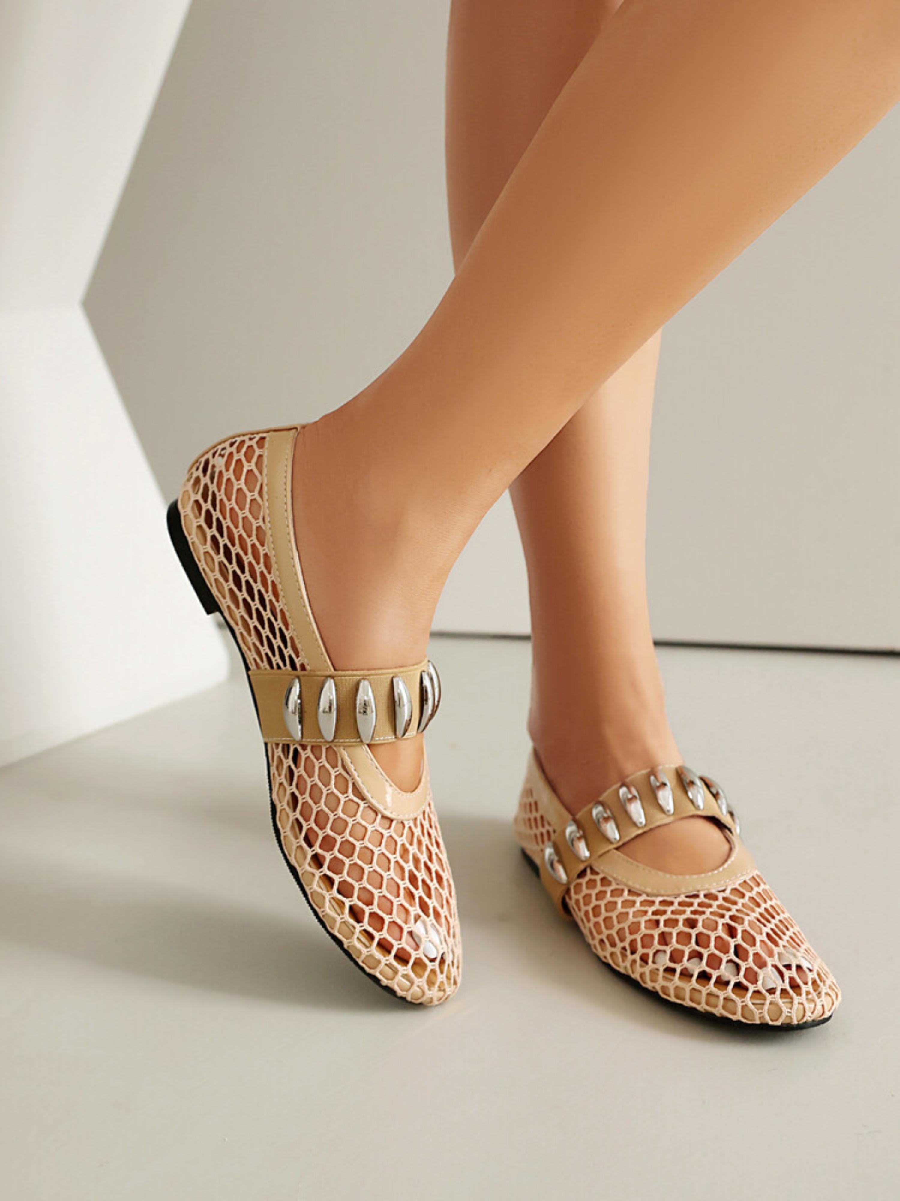 Beige Glow Lightweight Fishnet Flat Sandals for Women